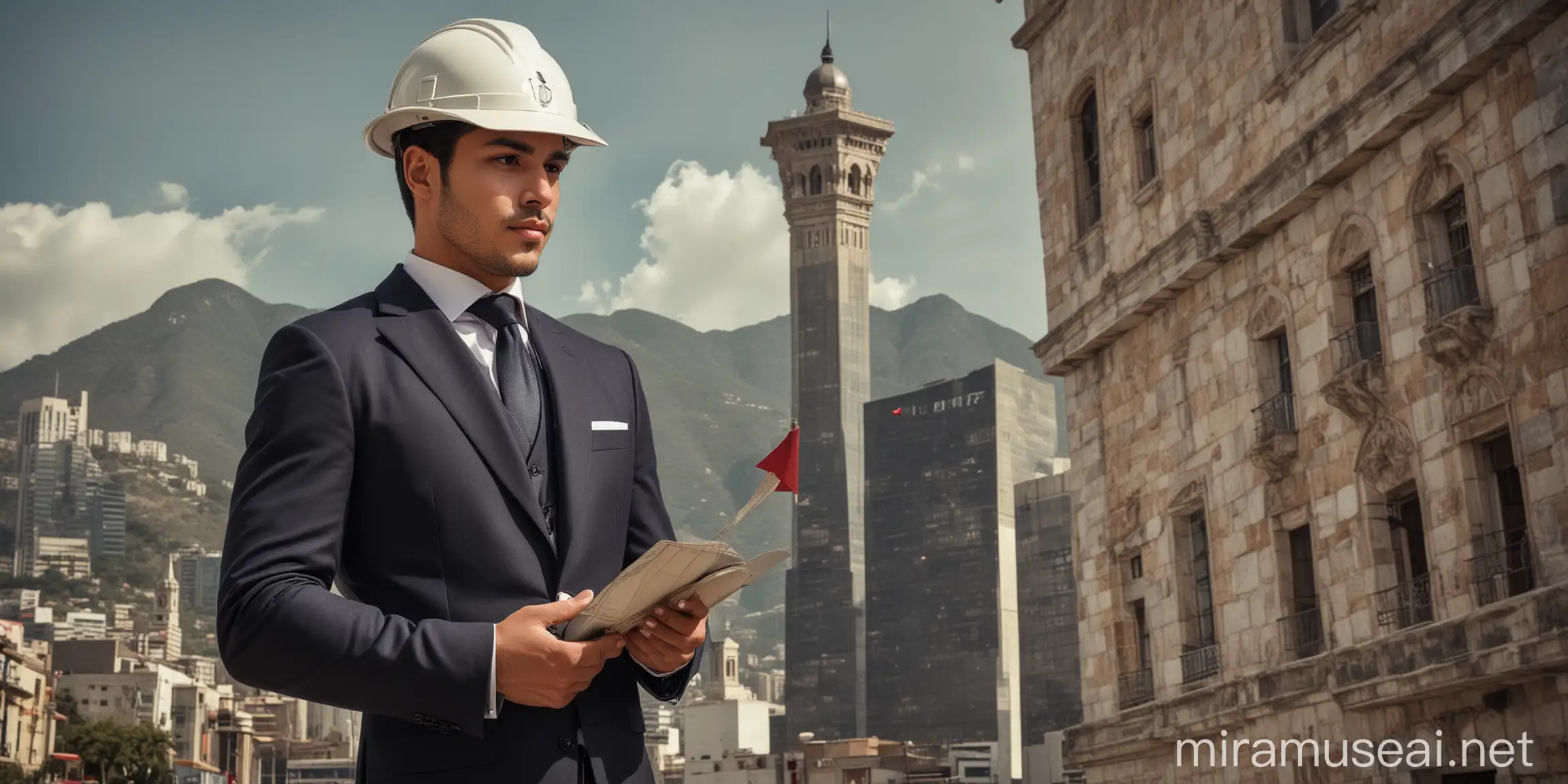 Hombre arquitecto de 28 años trabajador, caballeroso, prestigio, físicamente alto, dominante, aseado. De traje En la ciudad de monterrey méxico.  Con casco de arquitecto, con una regla t, escalimetro en la mano, su vastidor, todo para que se vea la carrera de arquitectura en un hombre

