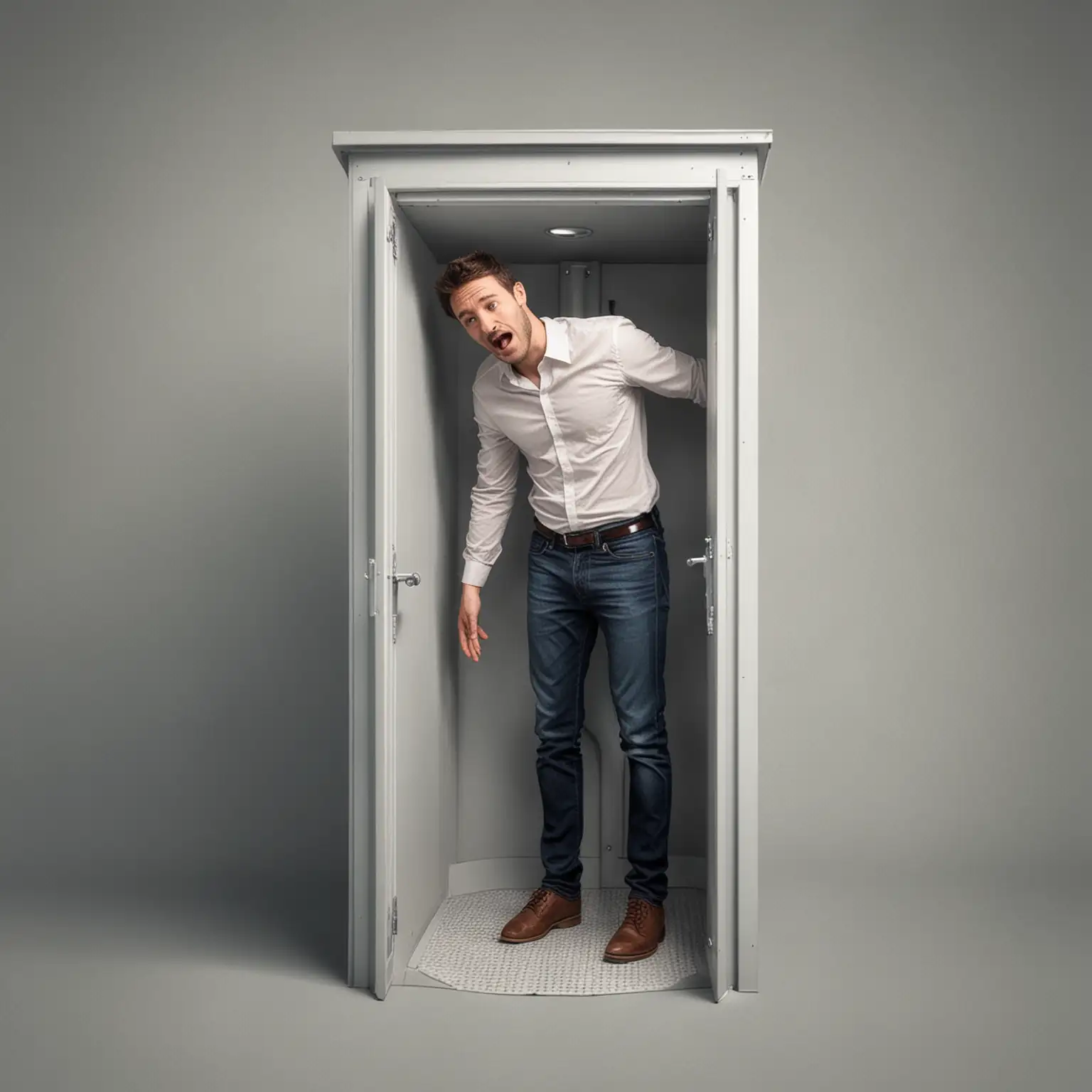 make a realistic photo of a man standing in a small toilet booth and celing is touching his had 