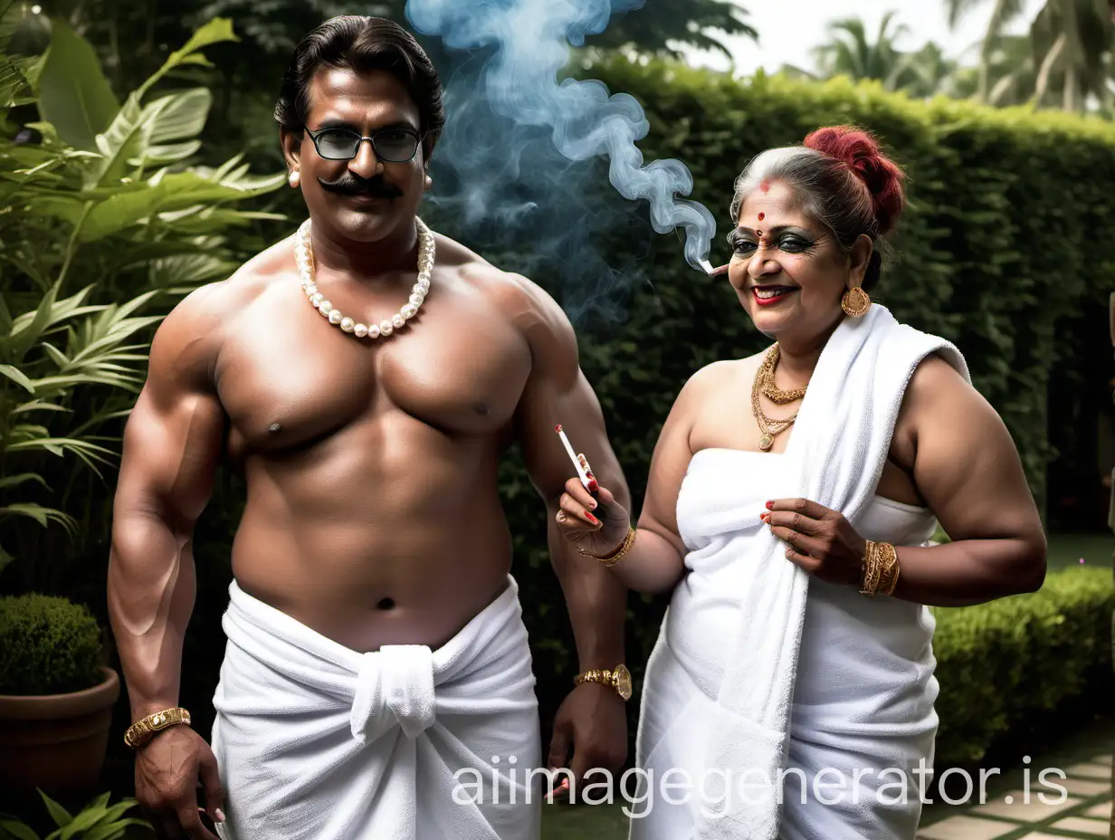 Attractive Mature Indian Woman and Muscular Young Man with Cigar and Fish  in Luxurious Morning Garden | AI Image Generator