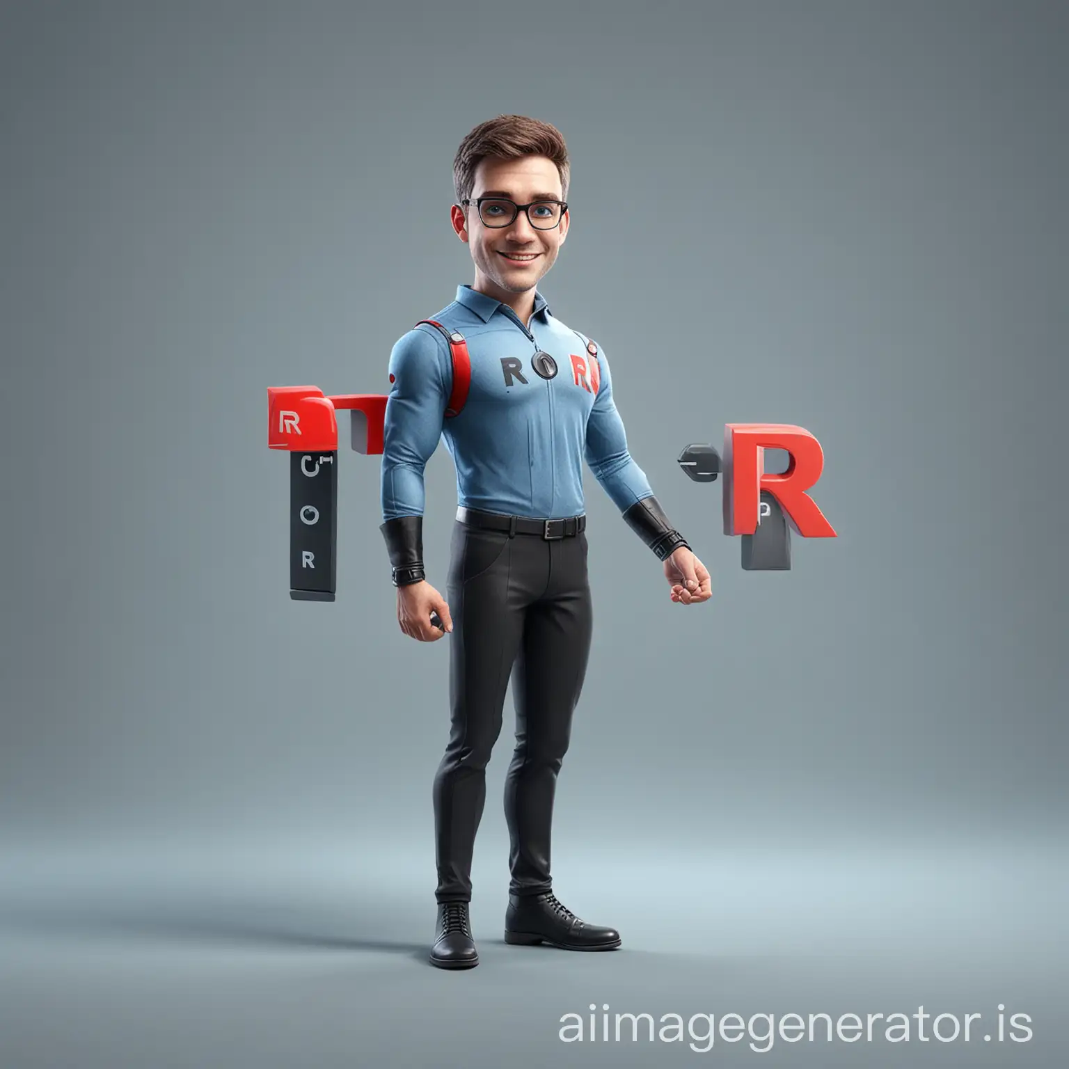 Characteristic fictional character, with technological and human characteristics, main figure of a digital marketing agency, with friendly, happy, friendly, innovative and technological appearance, in color scheme of gray, blue, red and black and wearing the letter R