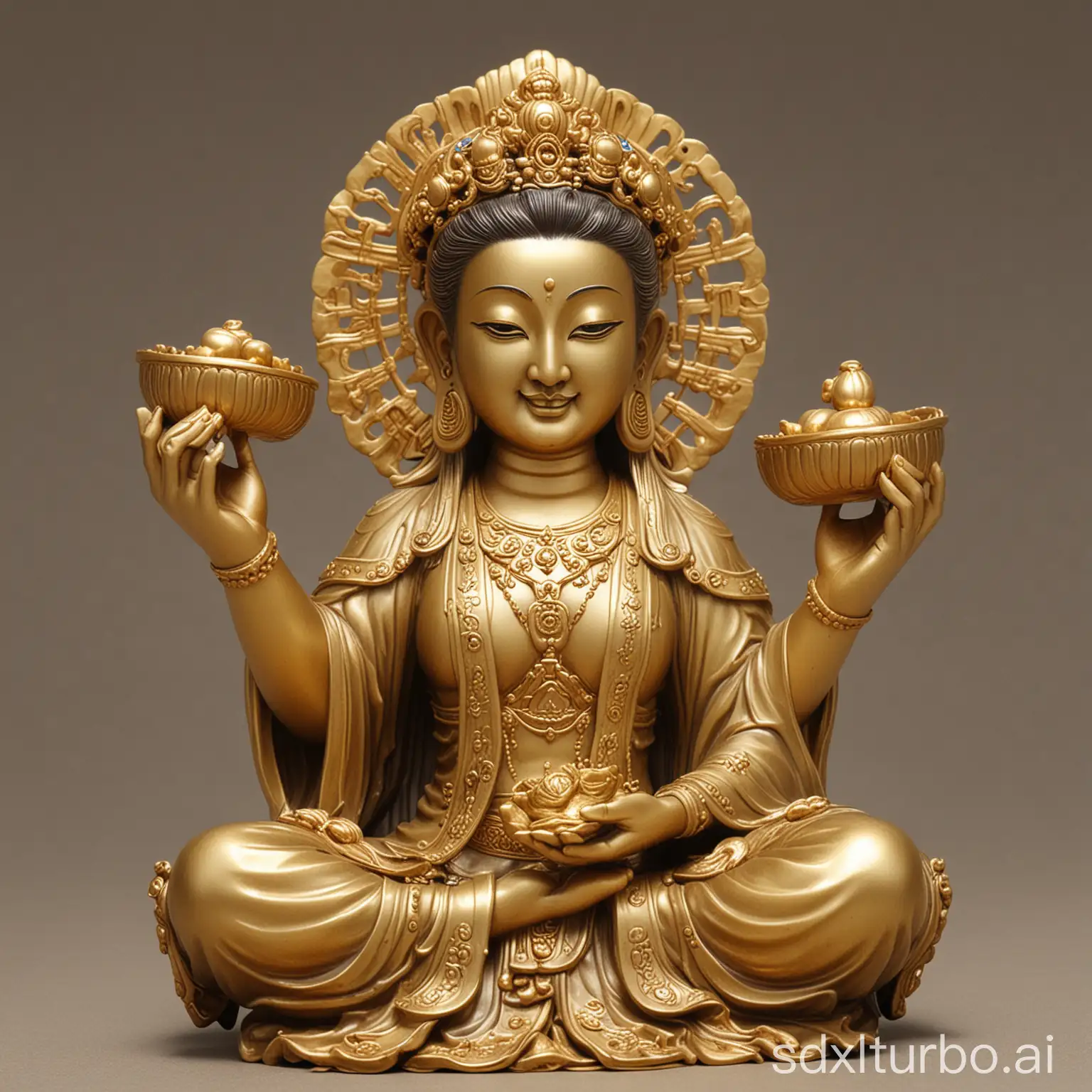 Guanyin Bodhisattva holds a gold ingot with both hands, with a benevolent face, big smiling eyes, large ears hanging down, a bit solemn, and exquisite facial features.