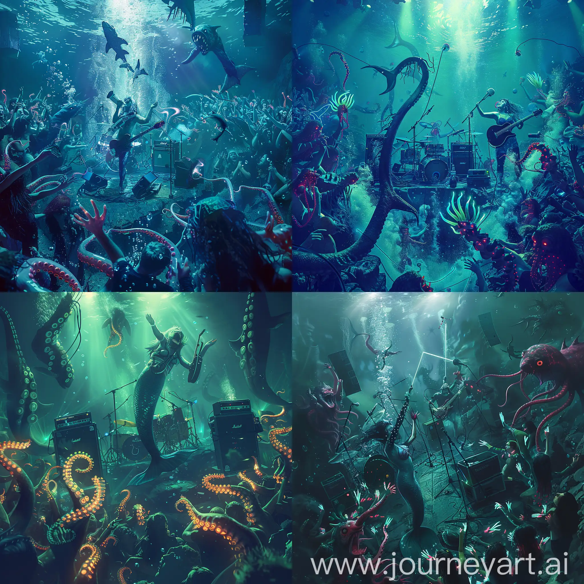 An underwater rock concert featuring a mermaid punk band, with electric eels powering the amps and a cheering crowd of sea creatures waving glow-in-the-dark tentacles, 4k, high contrast, edgy, realistic photo