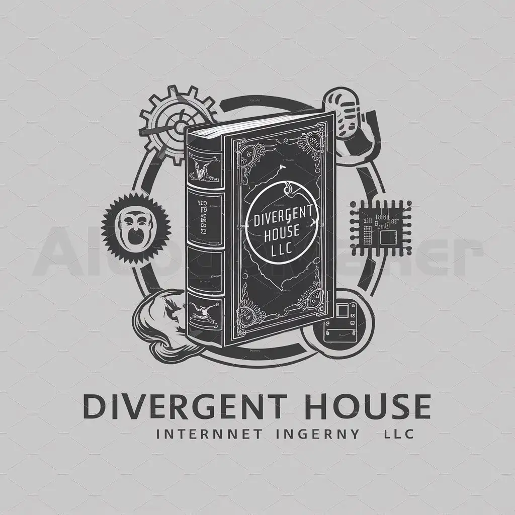 a logo design,with the text "Divergent House LLC", main symbol:main symbol of your logo, a book with a victorian cover and surrounded by main book genres,complex,be used in Internet industry,clear background