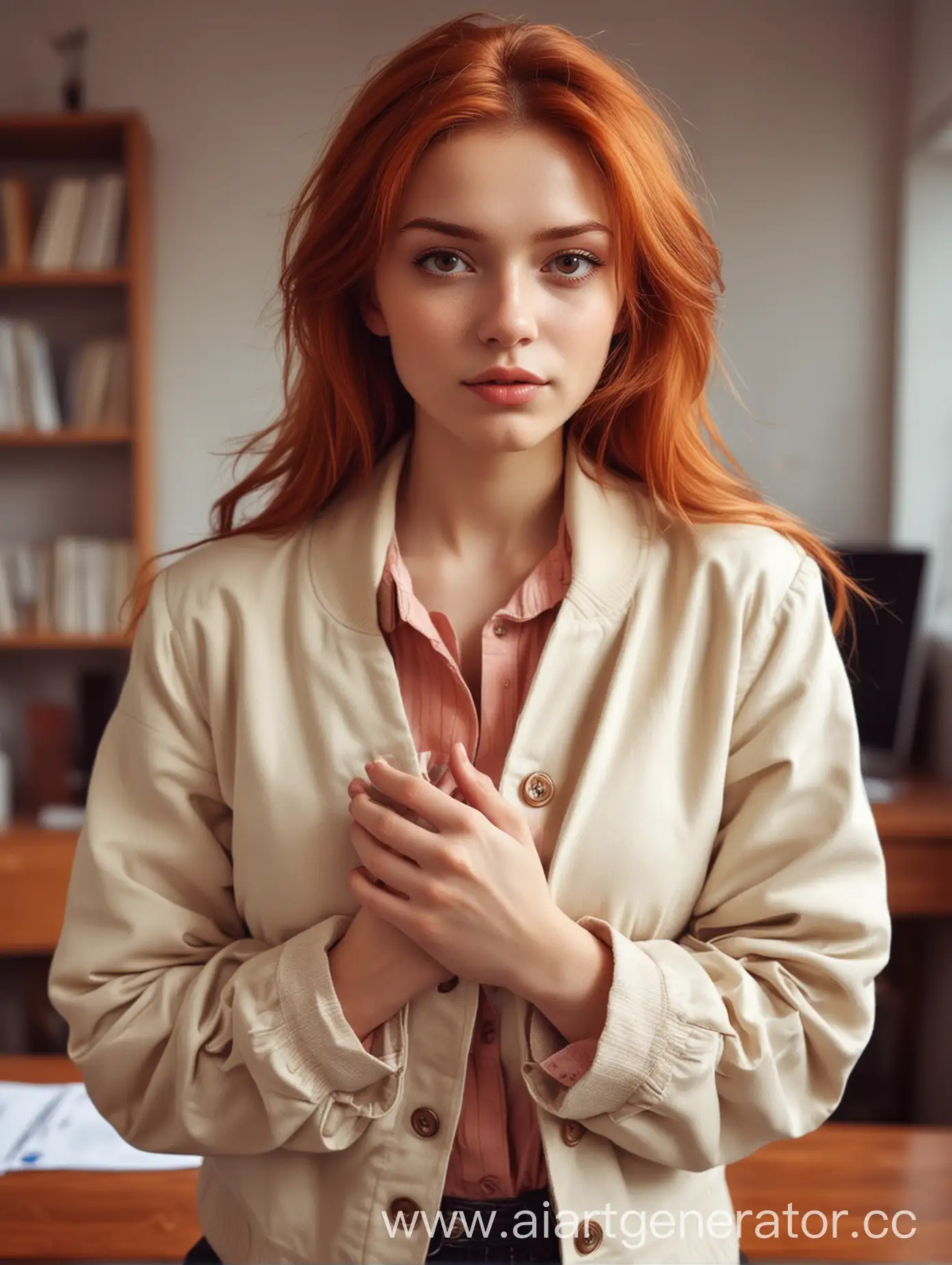 Slavic-Girl-in-MilkColored-Jacket-Standing-in-Cozy-Office-with-Crossed-Hands