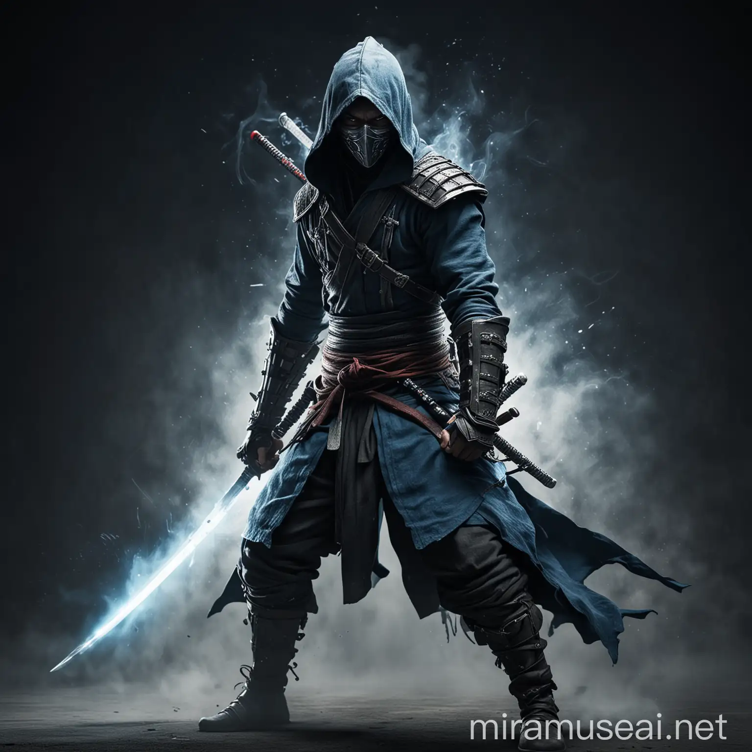 Hooded Samurai Warrior with Glowing Silver Sword in Dimly Lit Setting