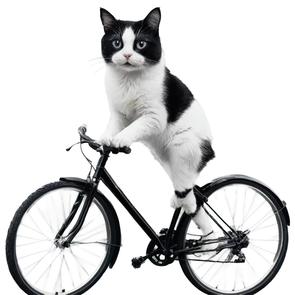 kucing hitam putih sedang naik sepeda

