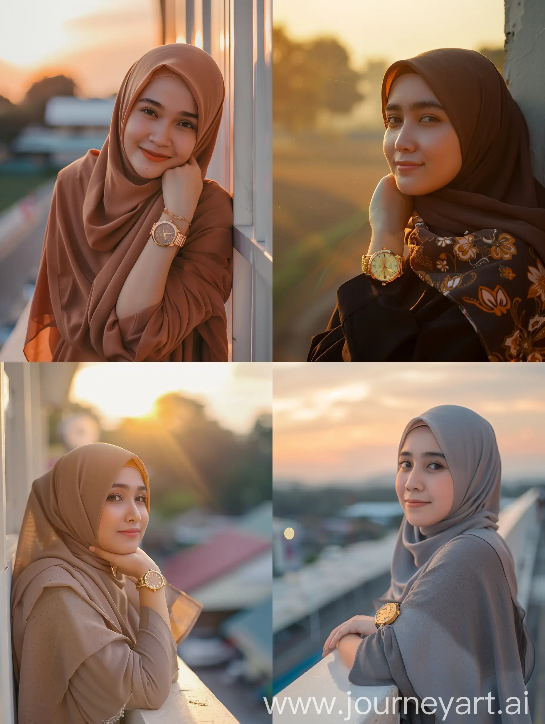 wanita hijab cantik Indonesia bersandar di dinding cantik, menutup mata dan senyum , sinematik, 7mm, biji-bijian film, jam emas, suasana hangat,sunset pagi. 