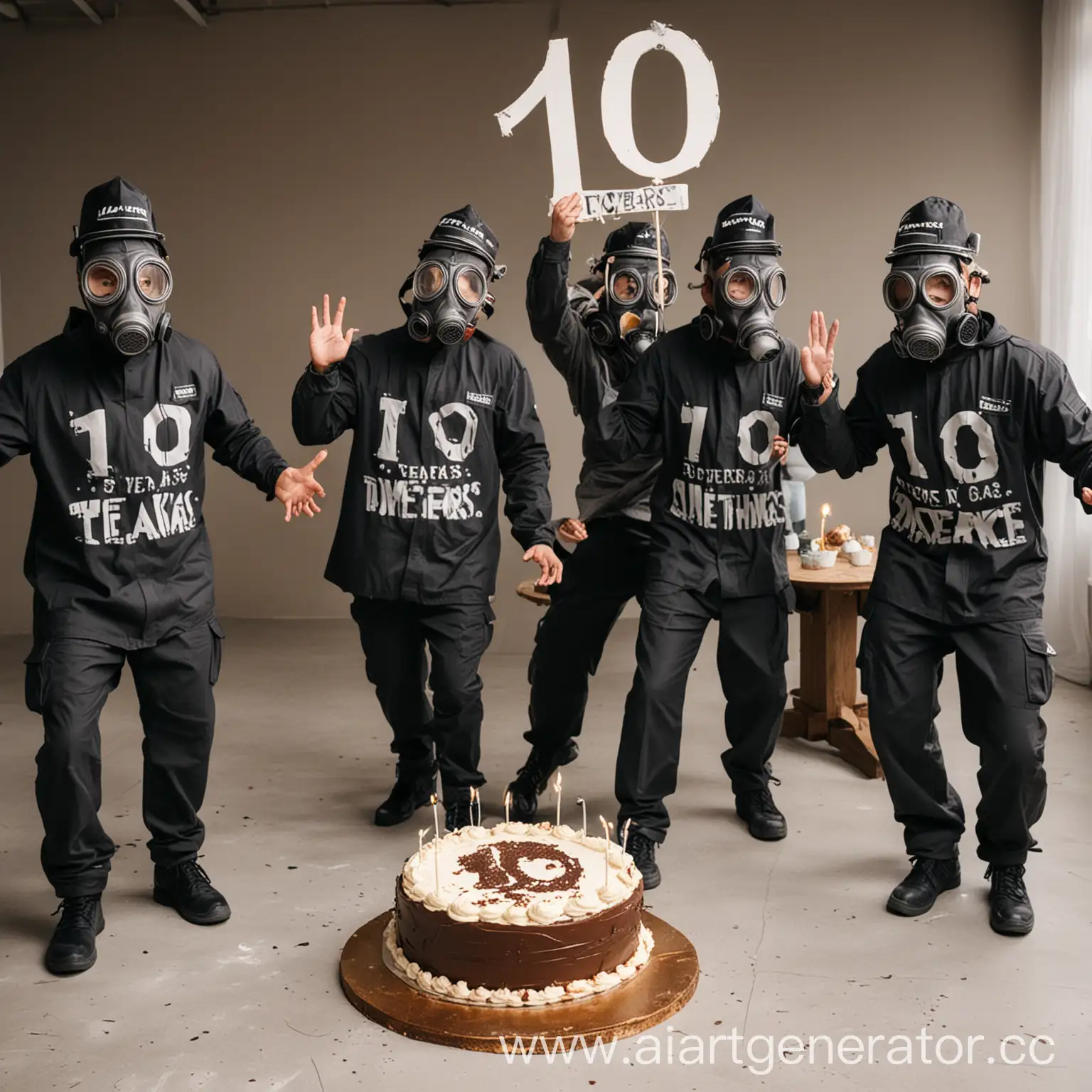 10-летие STALCRAFT мужчины в противогазах танцуют вокруг торта с надписью 10 лет
в шапочках для дня рождения
