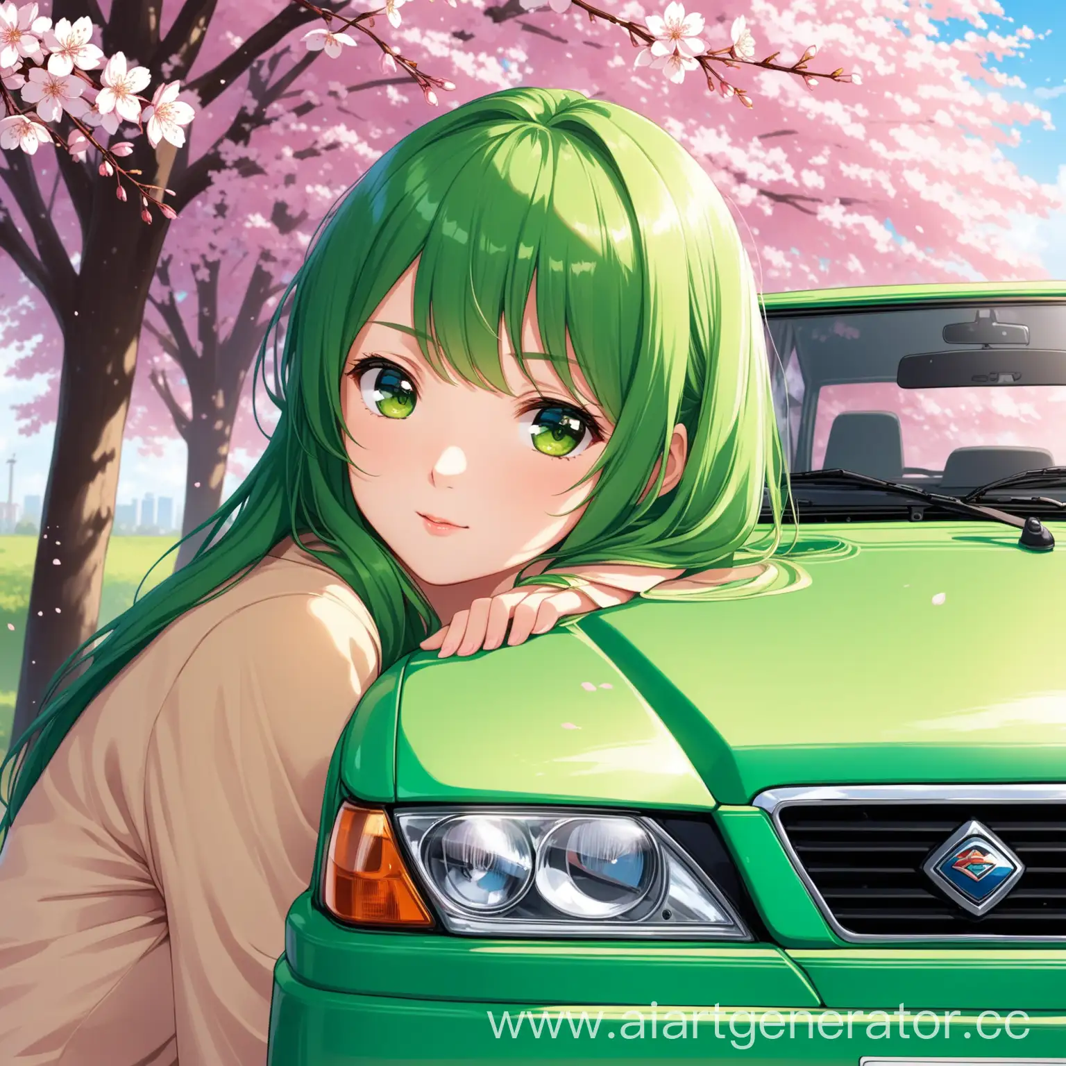 Anime-Girl-Leaning-on-Green-Lada-2115-Samara-Under-Cherry-Blossoms