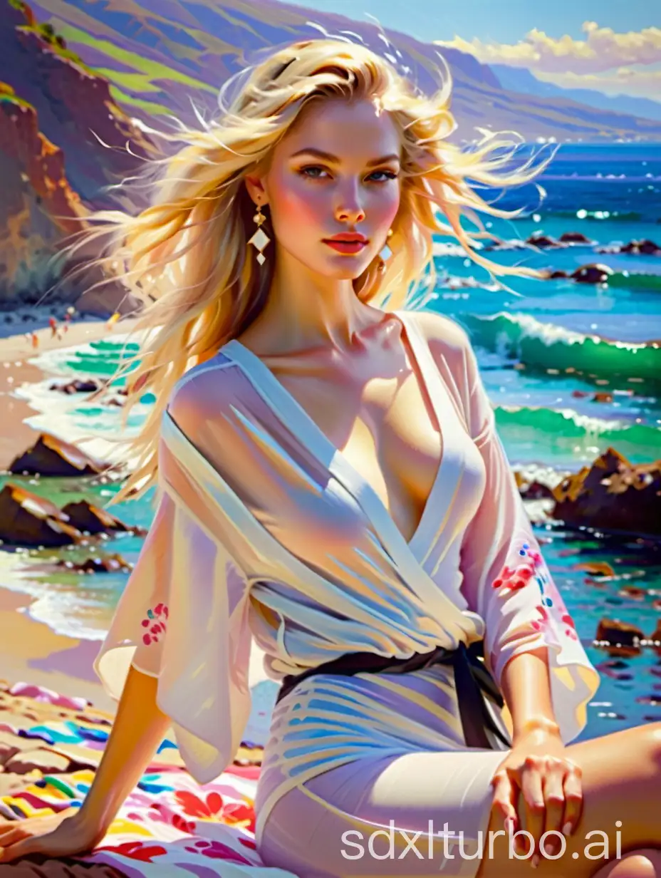 Painting by Pino Daeni, Garmash Sasha Luss, blonde supermodel, captures the essence of rare beauty, high fashion pose, soft-focus background, sunlight casting a warm glow on her striking pale features, contrast emphasizing her refined elegance, vivid colors, dramatic lighting, and artistic impressionist brushstrokes.
