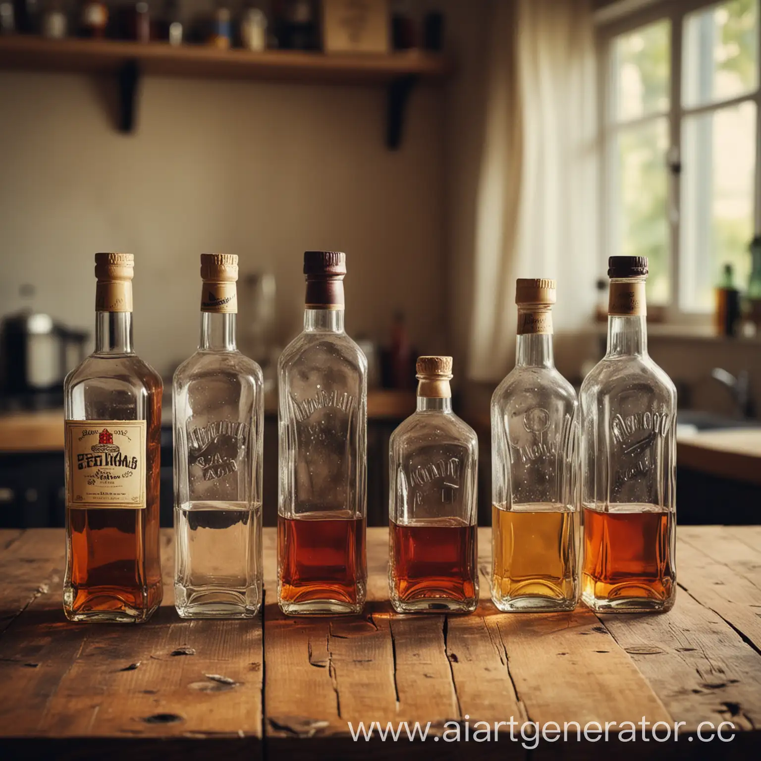 Реалистичная фотография, 6 бутылок разного алкоголя, деревянный стол, на кухне, плёнка