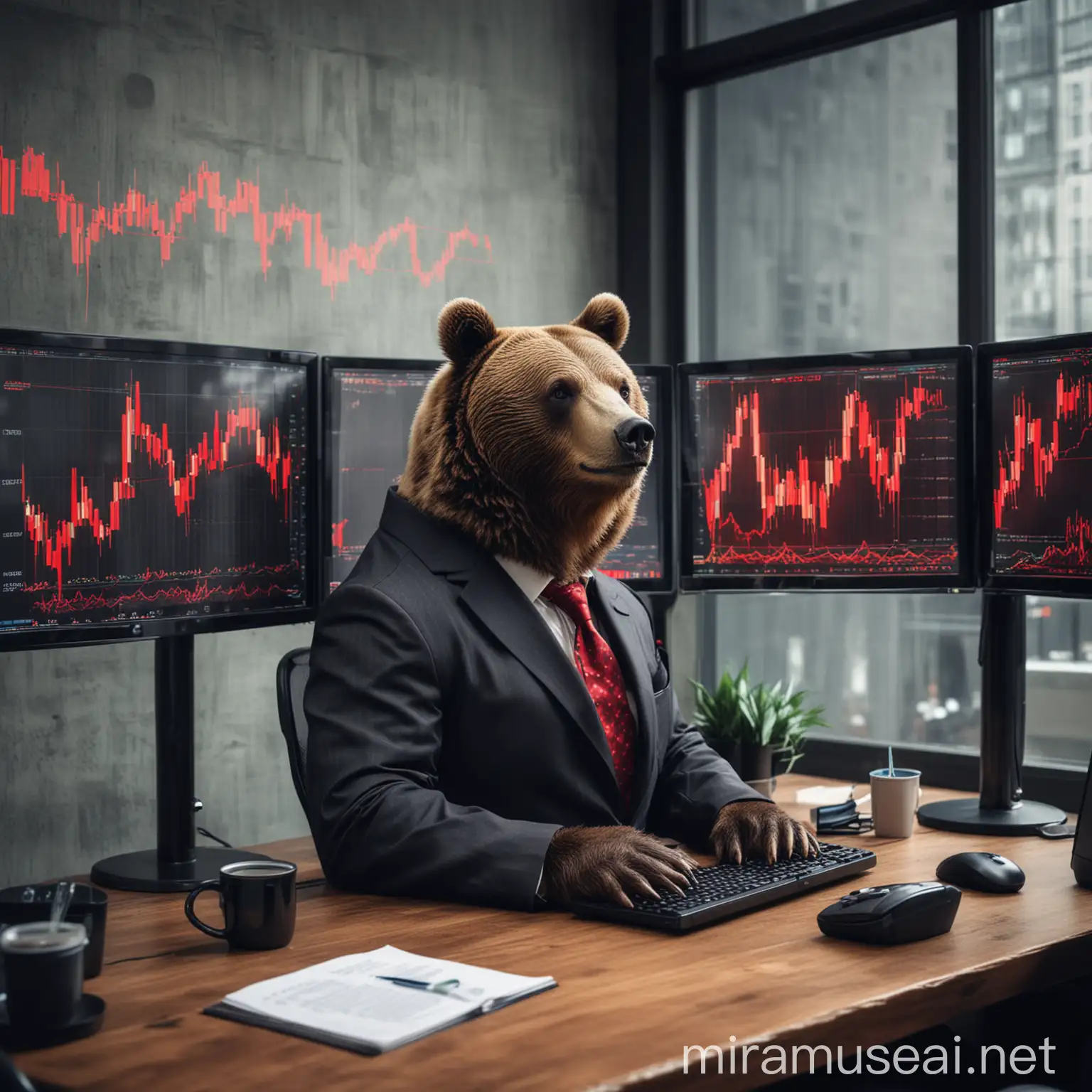 Bear in Suit Monitoring Wall Street Trading Uptrend
