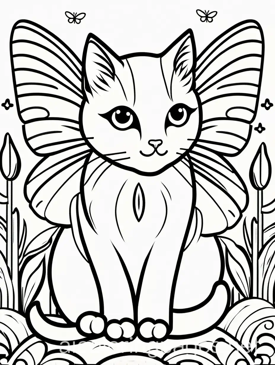 cat with a big ayes and big moth, Coloring Page, black and white, line art, white background, Simplicity, Ample White Space. The background of the coloring page is plain white to make it easy for young children to color within the lines. The outlines of all the subjects are easy to distinguish, making it simple for kids to color without too much difficulty