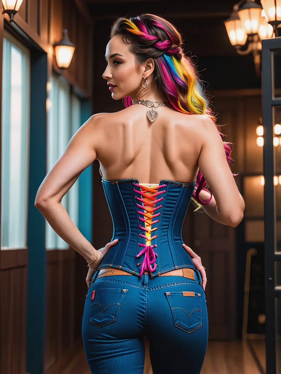 (facing away), (((rear view perspective))), ((perfect female body, narrow waist, wide hips)),  RAW photo of [Paige Spiranac|Gal Gadot], detailed  room, ((long multicolored hair)), (( multicolored corset)):0.2, ((long dark blue fitted Levi's jeans)):0.2, (high detailed skin:1.2), ((hands on hips)), enchanting, necklace, earrings, bracelet, armlet, 8k uhd, dslr, soft lighting, high quality, film grain, Fujifilm XT3