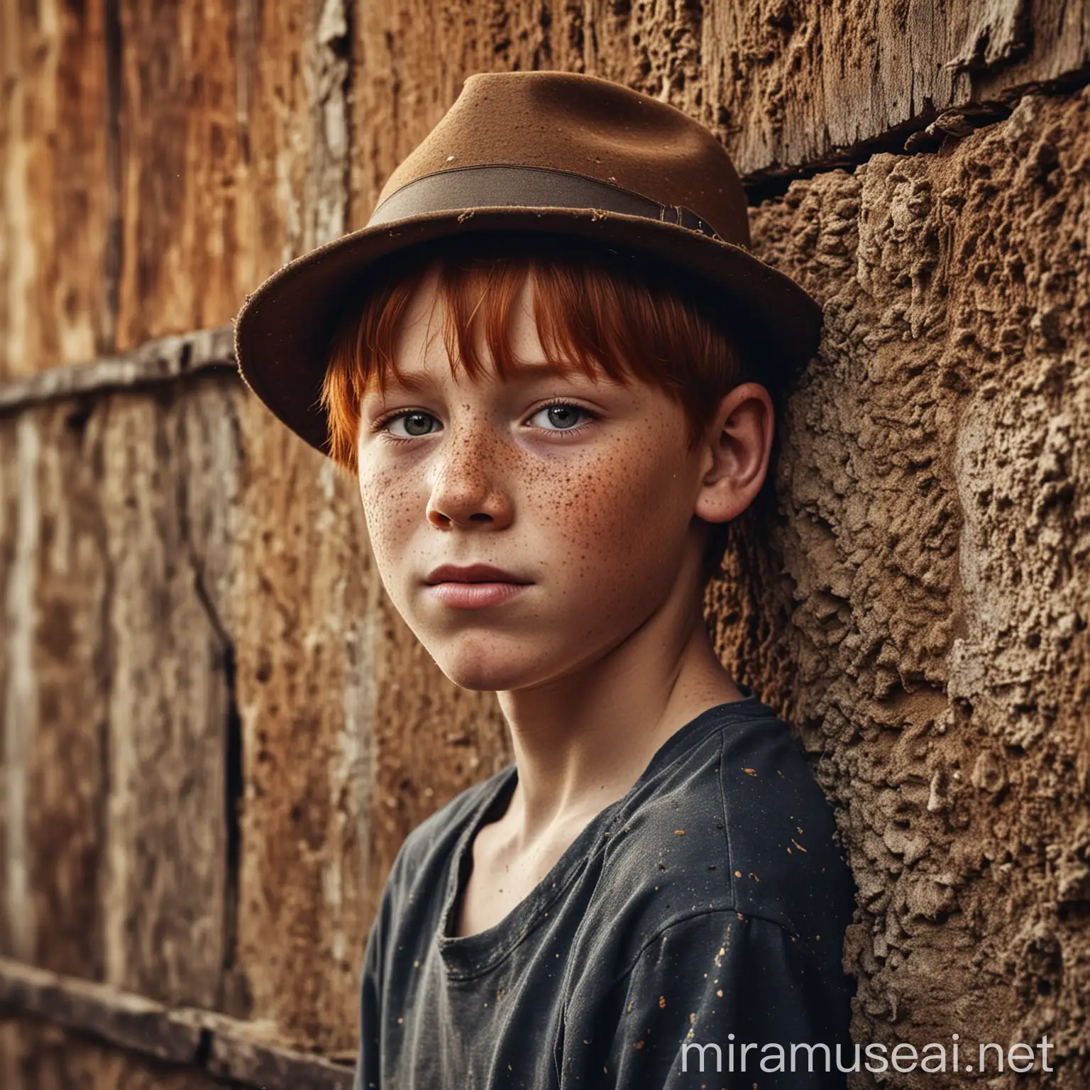 Portrait of a Freckled RedHaired Boy in Front of an Old Barn