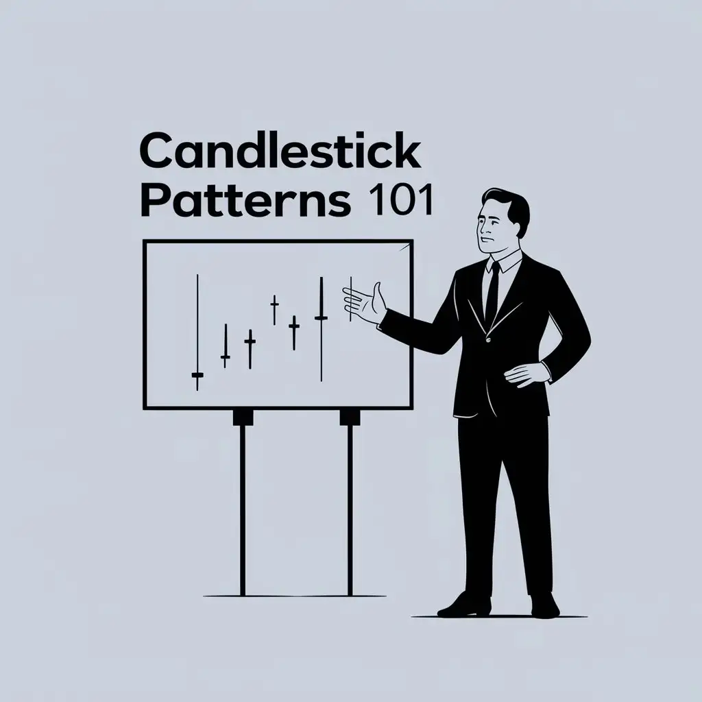 a logo design,with the text "Candlestick Patterns 101", main symbol:man in suit standing up presenting candlestick trading chart by pointing at a big screen,Minimalistic,clear background
