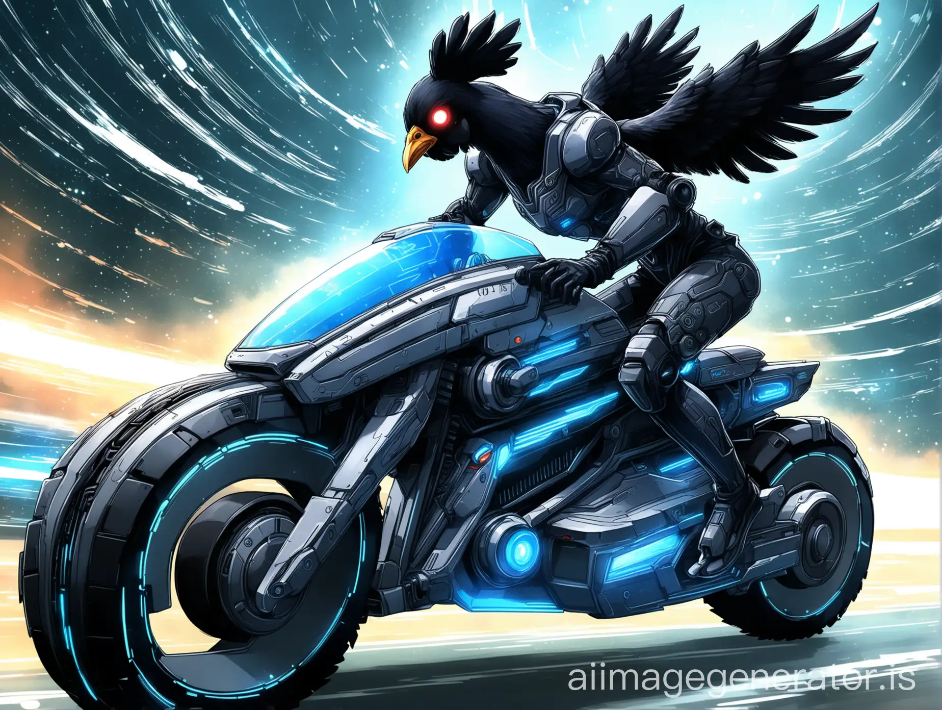 ANIME STYLE, BLACK CHICKEN DRIVING A FUTURISTIC MOTORCYCLE INSPIRED BY INFINITY BY CORVUS BELLI