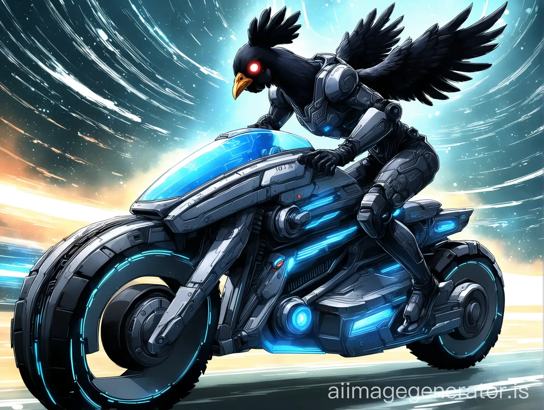 ANIME
 STYLE, BLACK CHICKEN DRIVING A FUTURISTIC MOTORCYCLE INSPIRED BY INFINITY BY CORVUS BELLI