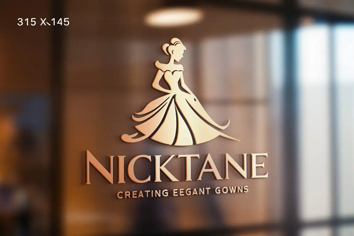 设计一个商标，品牌名是Nicktane ，品牌是做礼服的，要有一个穿礼服的线条女人在商标里，商标要有温柔别致的感觉，商标整体色调要明亮一些，尺寸是315：145