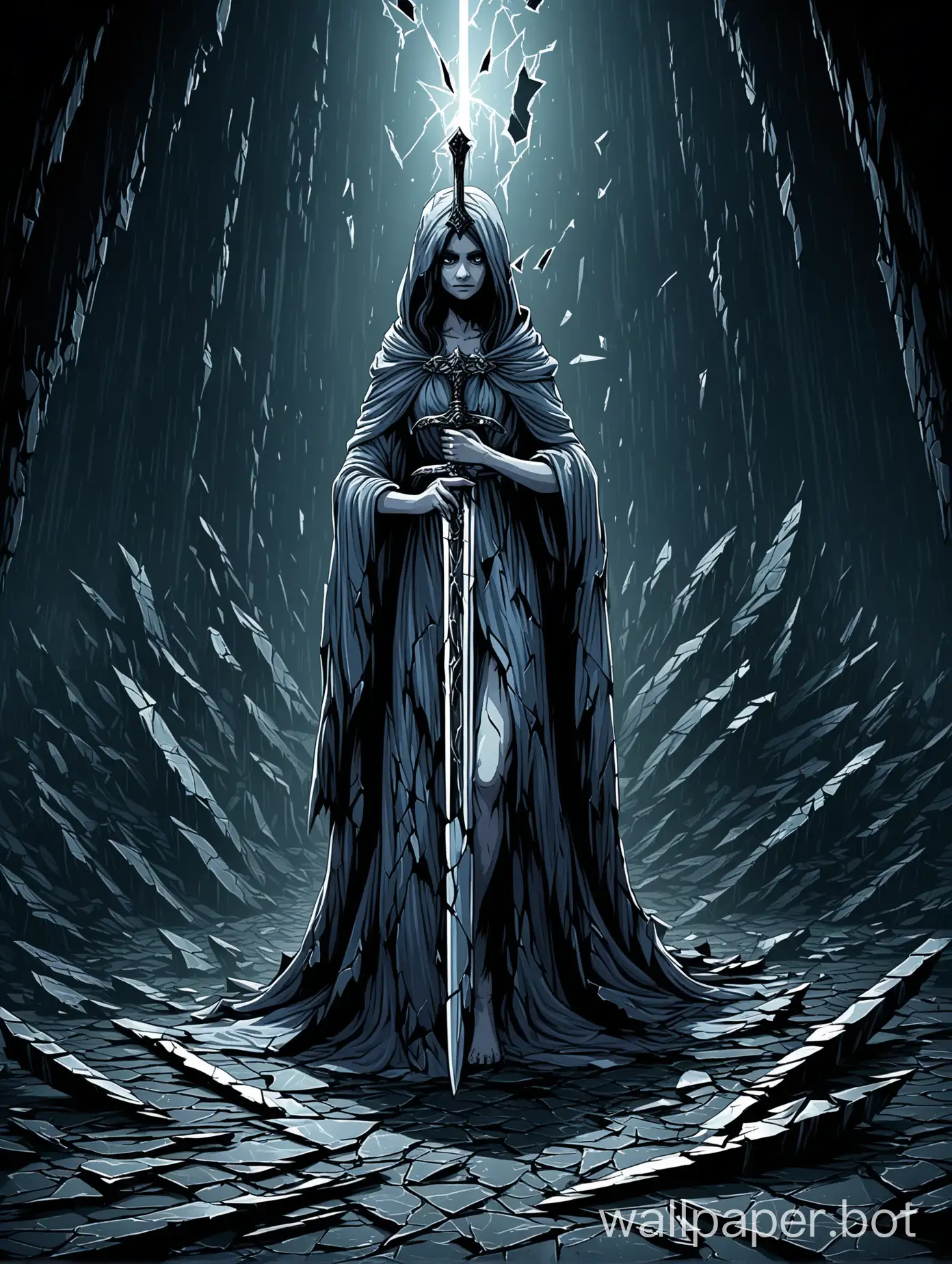 vector art , a creature in a shattered robe , holding an old broken sword in her hand , dark atmosphere ,