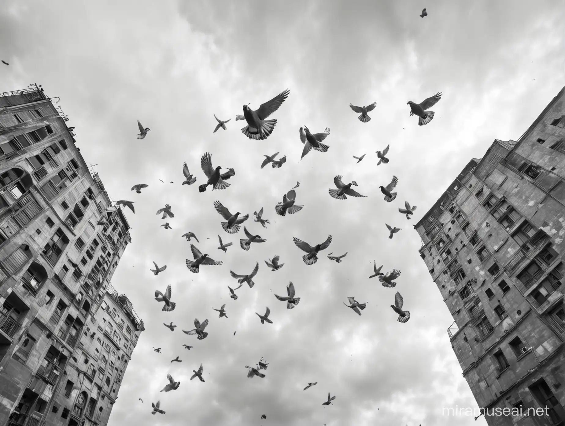 Aerial View of Flying Pigeons Against Clear Monochrome Sky
