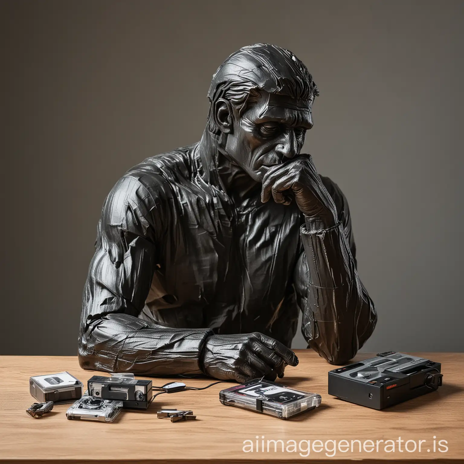 the thinker listening to a cassete tape on a table