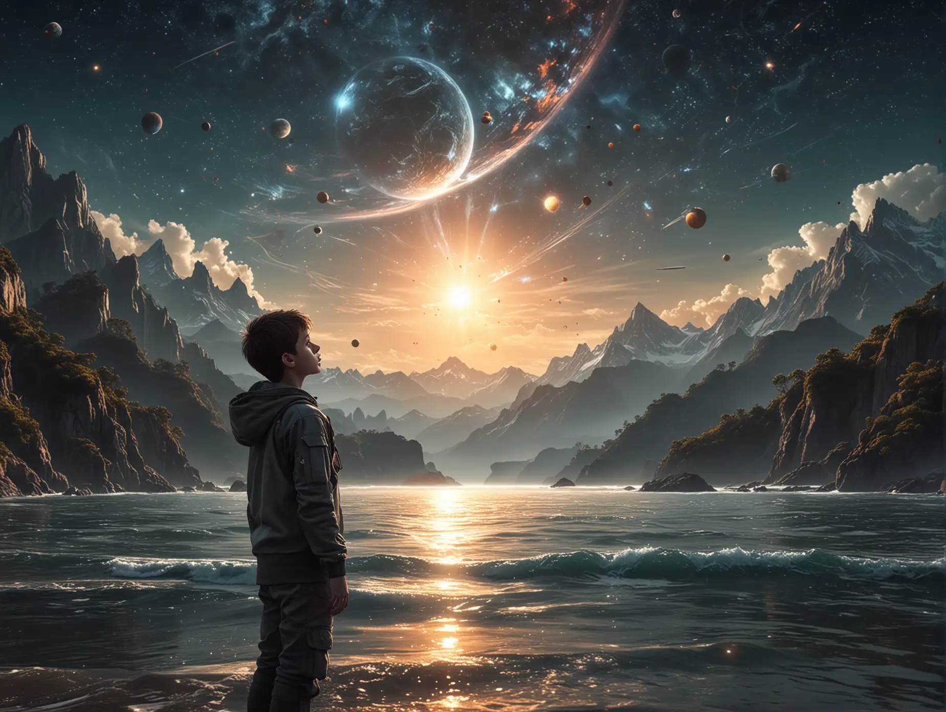 multi-exposure. a real boy in profile. He spread his hands. fabulous landscape ocean, mountains, forest, sunset, sea, against the background of space, planets, stars, mysticism, illumination, fantasy, gloomy atmosphere, light tones, hyperrealistic, beautiful, lumen, professional photo, beautiful, 3d, realistic, 64k, high resolution, high detail, cgi, hyperrealism,f/16, 1/300 sec. Digital painting with high detail, realistic, 30 mm lens, 1/250 s, f/2.8, ISO 100.