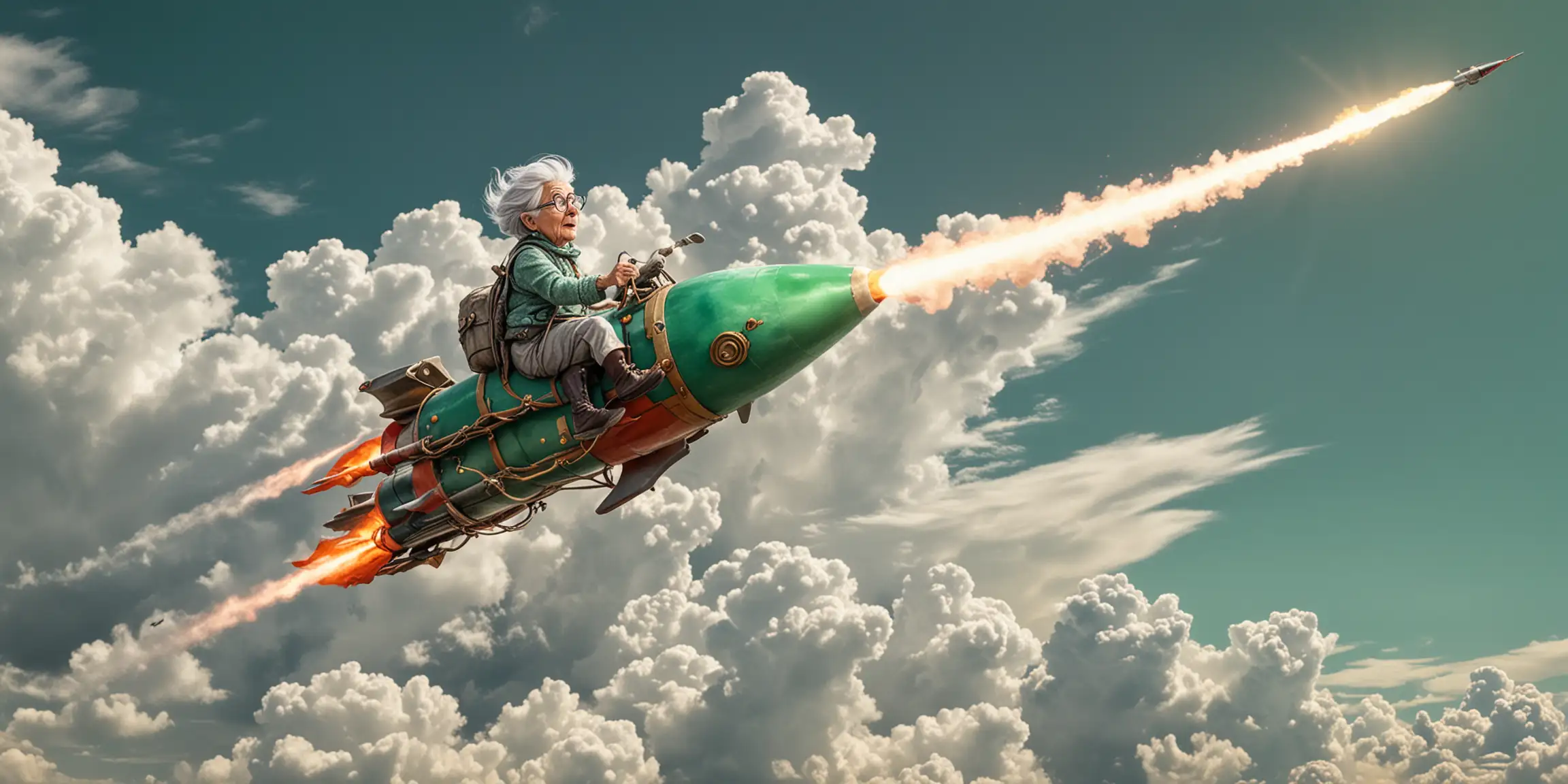 OLD LADY WITH GRAY HAIR RIDING A ROCKET ON A emerald coloreSKY WITH PUFFY CLOUDS