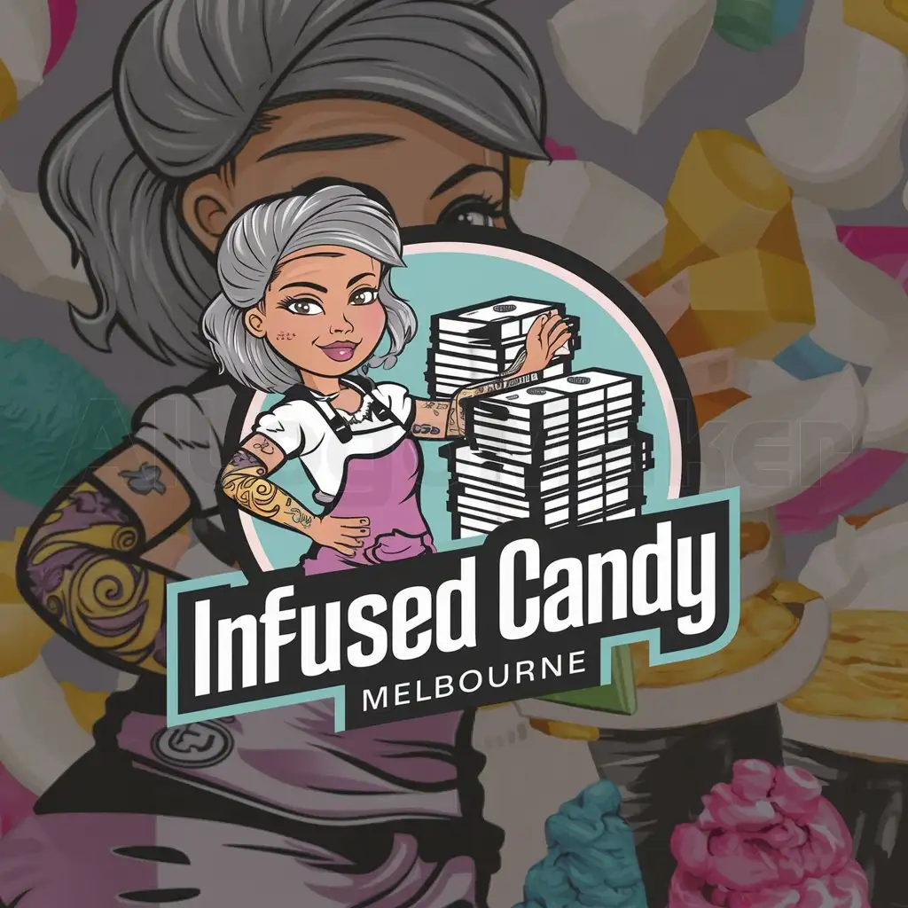 a logo design,with the text "INFUSED CANDY MELBOURNE", main symbol: A logo design, with the text "Infused Candy Melbourne". Main symbol: A THC edible-inspired background with a cartoon girl with silver hair wearing a baking outfit, holding stacks of cash. Pretty baking outfit with tattoo.,Moderate,clear background