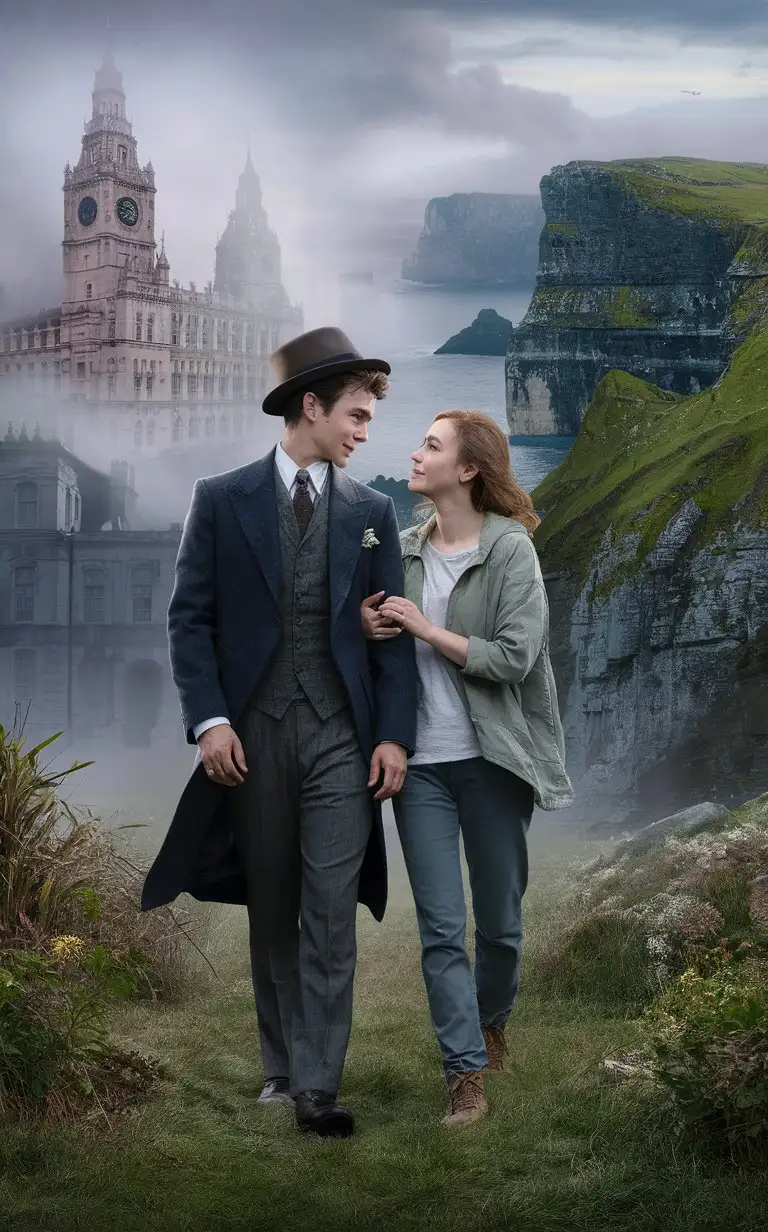 The visualization depicts a place where time and space magically merge. In the foreground, two characters stand opposite each other: a young man and a young woman, exchanging eyes full of love and longing. A young man, dressed in an elegant, well-tailored suit from the early 20th century and a distinctive hat, exudes old-fashioned grace and nobility. His character is placed against the background of historic buildings of London from the Edwardian era, which are gently shrouded in fog, which gives the scene a mysterious, epochal atmosphere.  In turn, a young beautiful natural woman, dressed in jeans, a nice T-shirt and sneakers, stands on the beautiful majestic cliffs of Northern Ireland. Its figure and appearance emphasize youthful energy and natural beauty. The woman's hair gently ripples in the wind, which adds to the dynamics of the composition.  The scene combines two worlds: old and new, where cliffs and seascapes seamlessly transition into London's urban architecture. This combination, without a visible dividing line, creates a unique image, where love transcends the barriers of time and the atmosphere of the Edwardian era harmonizes with our modern world. The atmosphere of the painting is full of magic and romanticism, perfectly reflecting the spirit of a love story that transcends the boundaries of time.