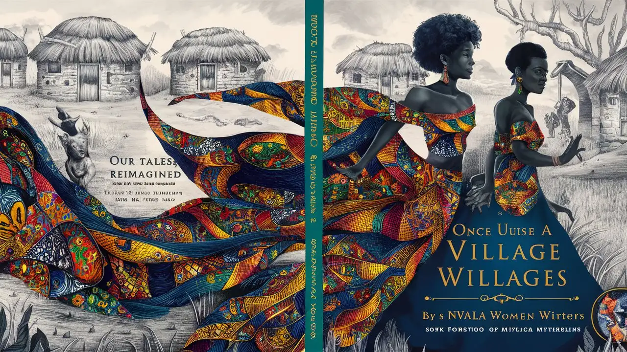 book cover, African mythology and folklore, showcasing pencil drawing of african village with huts infused with mythology at the bottom of the cover, traditional patterns, and african women symbolic elements Flowing out of the bottom rising to the top in full colour. Title 'Once Upon A Village Tale' Author "Nwala Women Writers" subtitle "Our Tales, Reimagined" notes on cover 'Short Story Anthology'