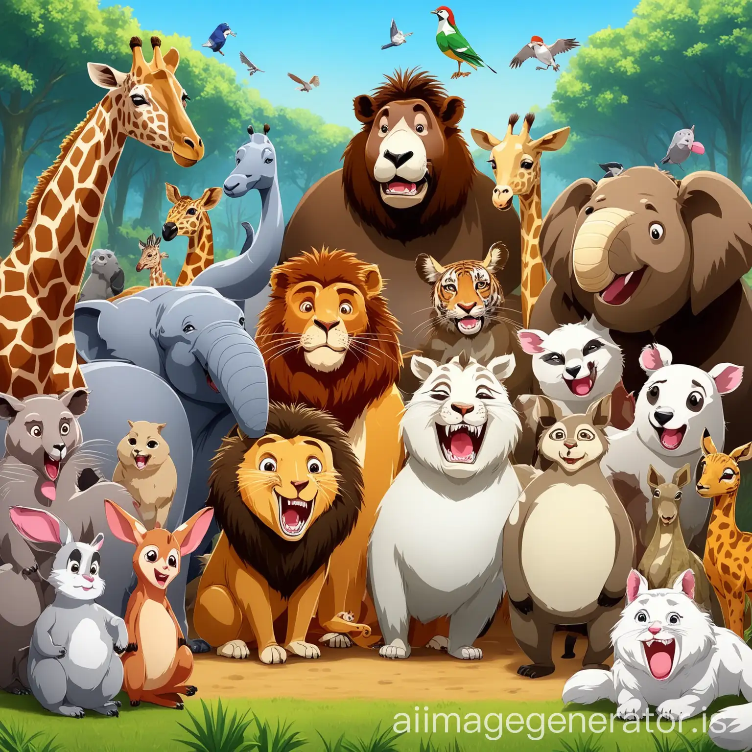 Many animals at one place looking funny and animated