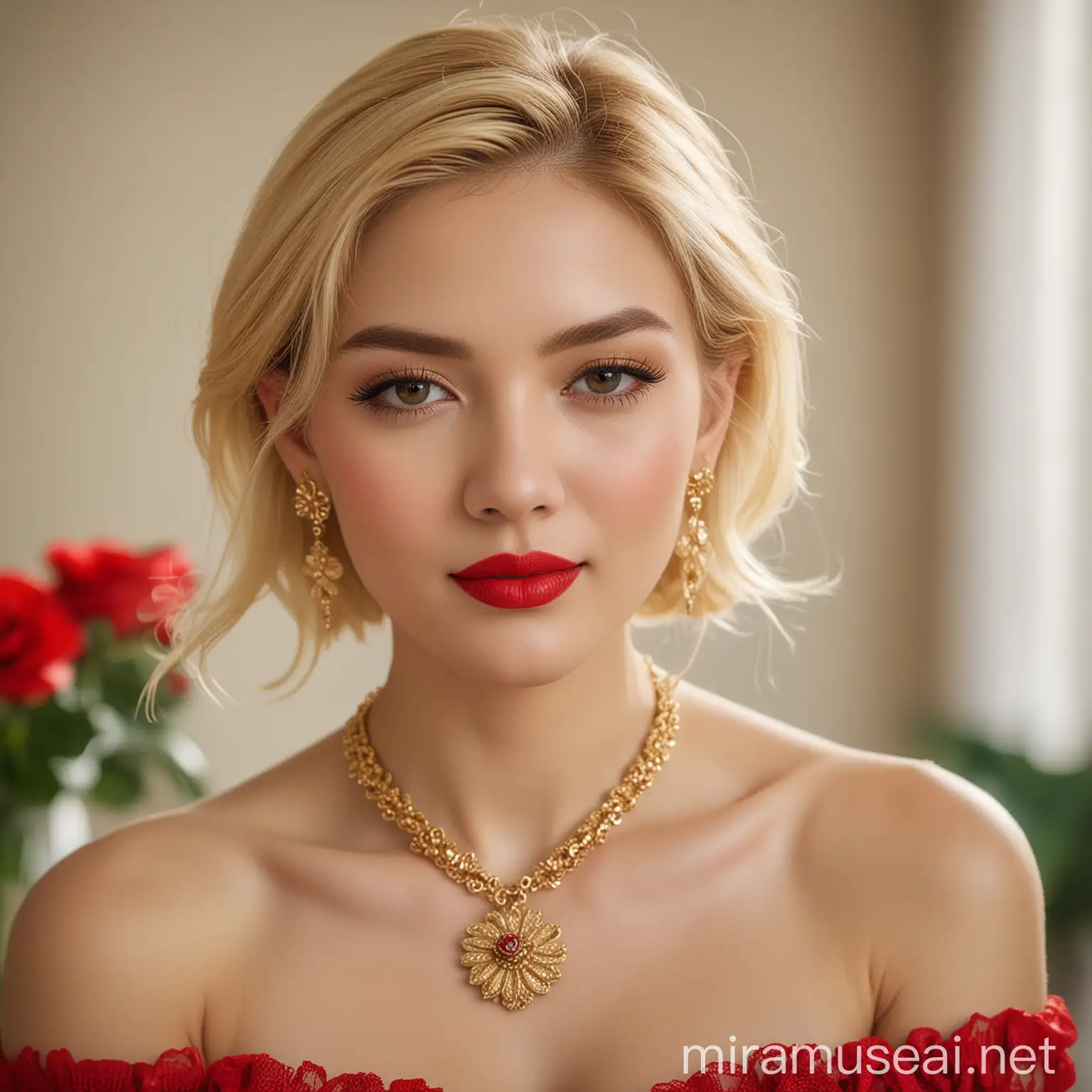 Blonde Woman Portrait with Red Lipstick and Gold Jewelry