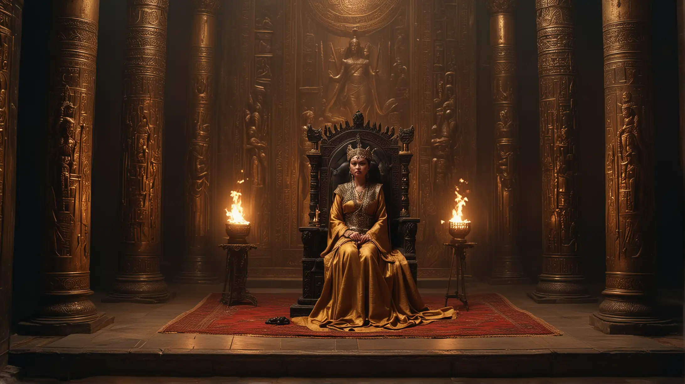 The queen of Sheba sits pensively on her throne, her high priest stand beside her a little apart, holding his long baton, all dressed in rich ancient oriental costumes, dark throne hall, torch burning on the walls, cinematic, large panoramic view