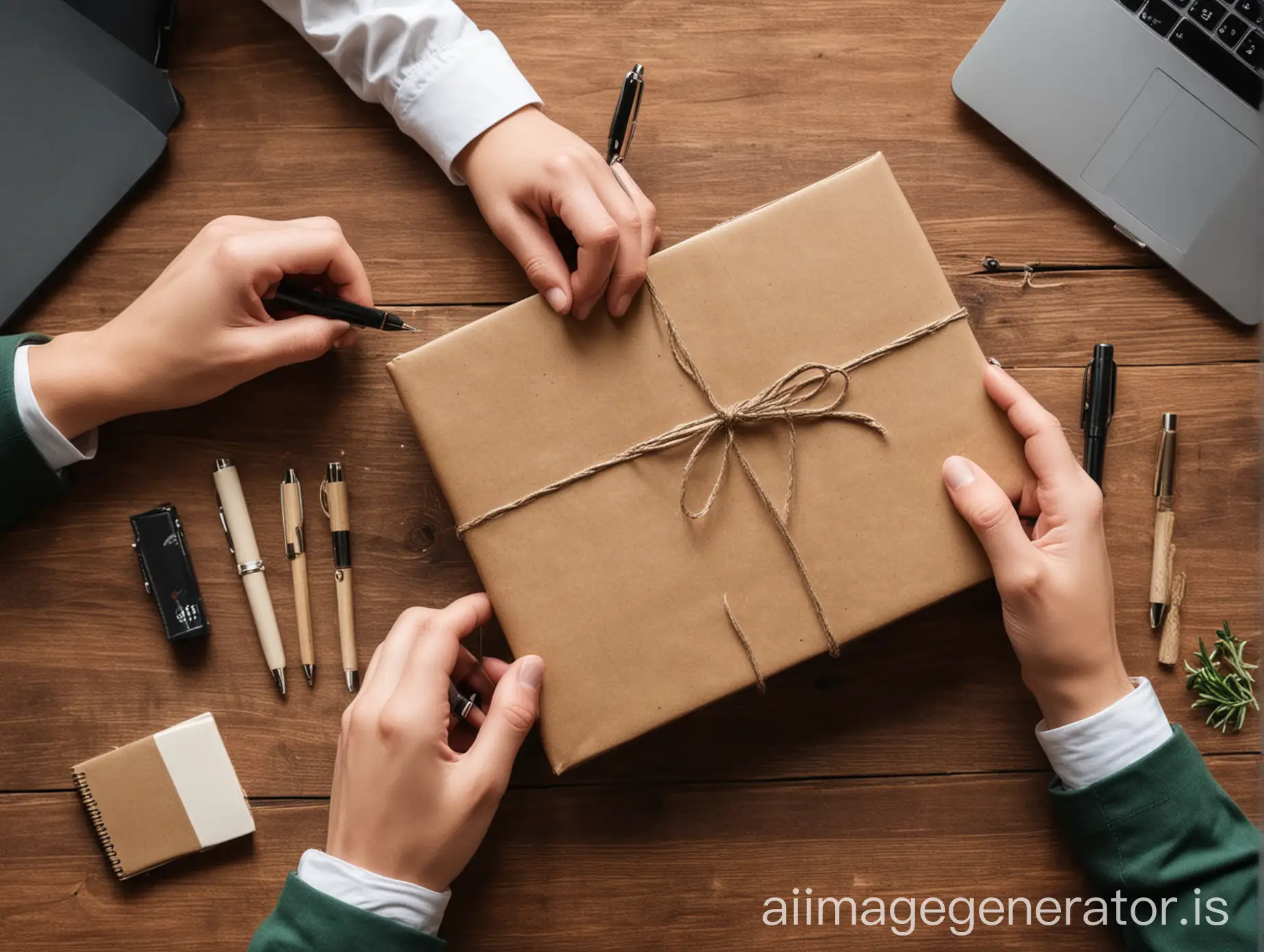 Sustainable Eco-Friendly Corporate Gifts in one person is giving Ecofriendly gifts to other person in office like diaries and pen