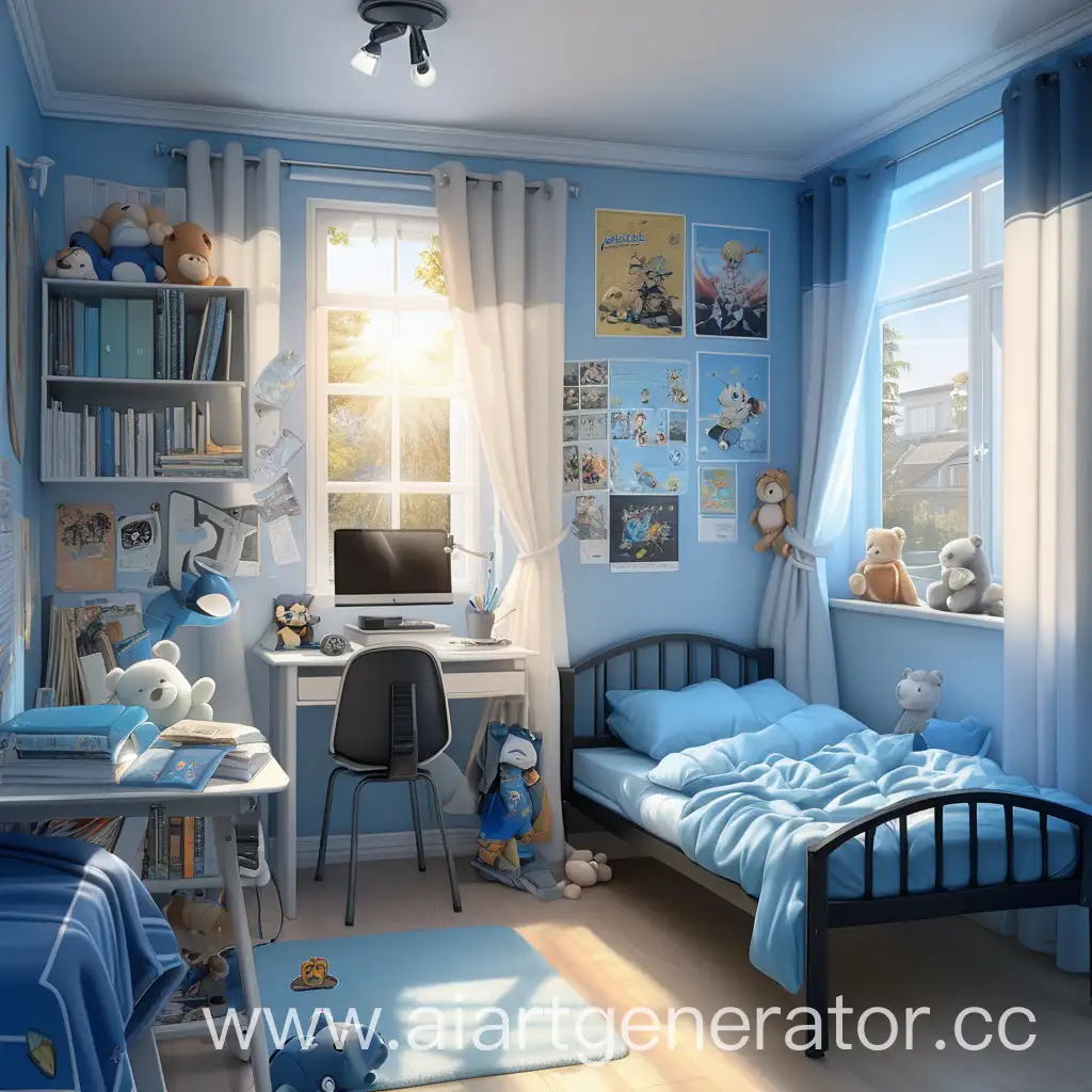 Cozy-Teenagers-Bedroom-with-Anime-Posters-and-Sunlit-Curtains