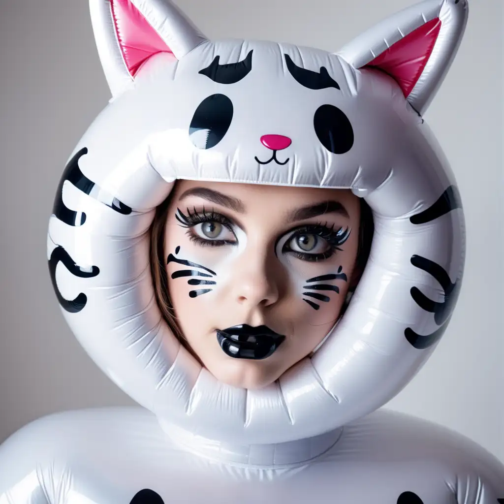 Латексная девушка в надувном костюме кошки с гримом кошки на лице