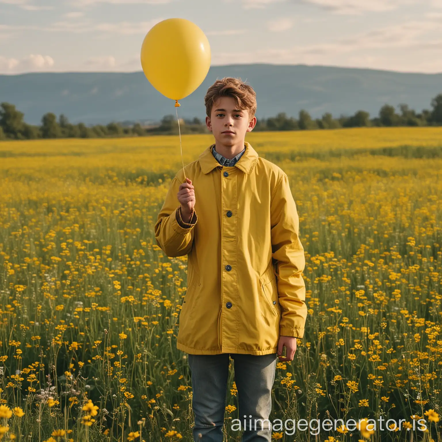 un chico adolescente de 18 años con un abrigo amarillo, de fondo una pradera con flores y el cielo, tiene un globo en la mano, el chico ve hacia al frente