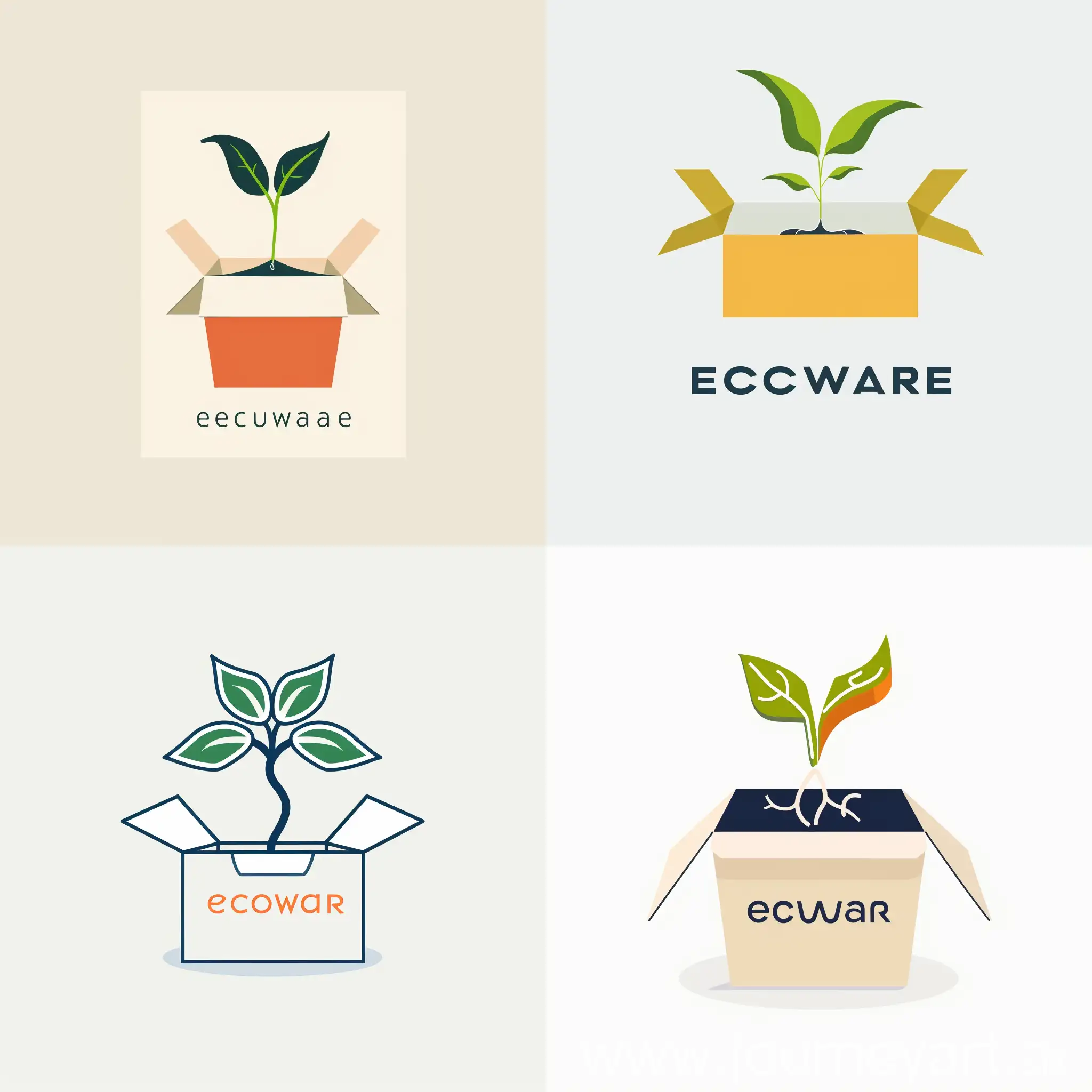  A very stylish modern minimalistic logo for company Ecoware with text Ecoware, depicting a sprout breaking out of a takeout box, flat colors, minimal number of details