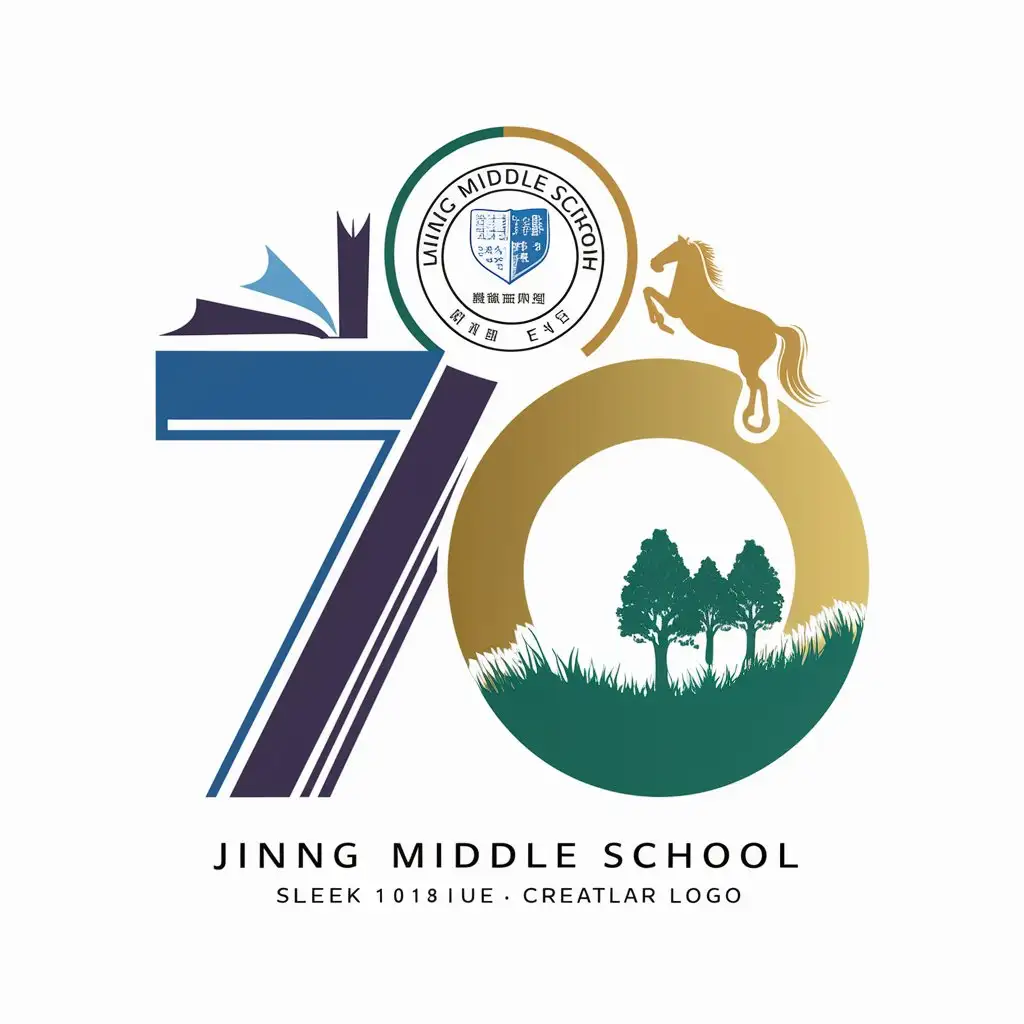 a logo design,with the text "JiQuNingYiZhong", main symbol:School emblem fusion: Take the emblem of Jining Middle School as one of the core elements of design, you can consider incorporating the outline or important patterns of the emblem into the logo to reflect the identity and tradition of the school.n70 creative presentation:nNumber combined with books: Design number ‘7’ in the shape of an open book, while '0' can be designed as a ring, symbolizing the completeness and integrity of school education.nNumber combined with horse: Use the shape of a horse to represent number ‘70’, for example, the head and neck of the horse can form number ‘7’, while its body and tail can cleverly form number ‘0’.nNumber combined with grassland elements: Design number ‘70’ as two trees on the grassland, one representing the past and the other representing the future, implying the inheritance and hope of school history.nColor application:nBlue: Represents the vastness of the sky and grassland, also symbolizing knowledge and wisdom.nGreen: Represents the vitality of grassland, symbolizing the life force and growth of the school.nGold or red: Gold can represent the brilliant achievements and glory of the school, while red can symbolize warmth and vitality.nPatterns and shapes:nBook shape: A book is a symbol of knowledge. You can incorporate the shape of a book into the logo to express the importance that the school attaches to knowledge transmission.nCircle: A circle represents wholeness and unity, it can be used to wrap number ‘70’, indicating the unanimity of the school and the festive atmosphere of celebrating the anniversary.,Moderate,be used in Education industry,clear background