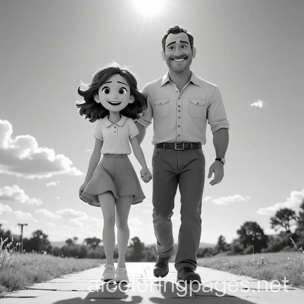A 3D as Diney Pixar happy with full body Father and dauther playing sunny day, Coloring Page, black and white, line art, white background, Simplicity, Ample White Space. The background of the coloring page is plain white to make it easy for young children to color within the lines. The outlines of all the subjects are easy to distinguish, making it simple for kids to color without too much difficulty