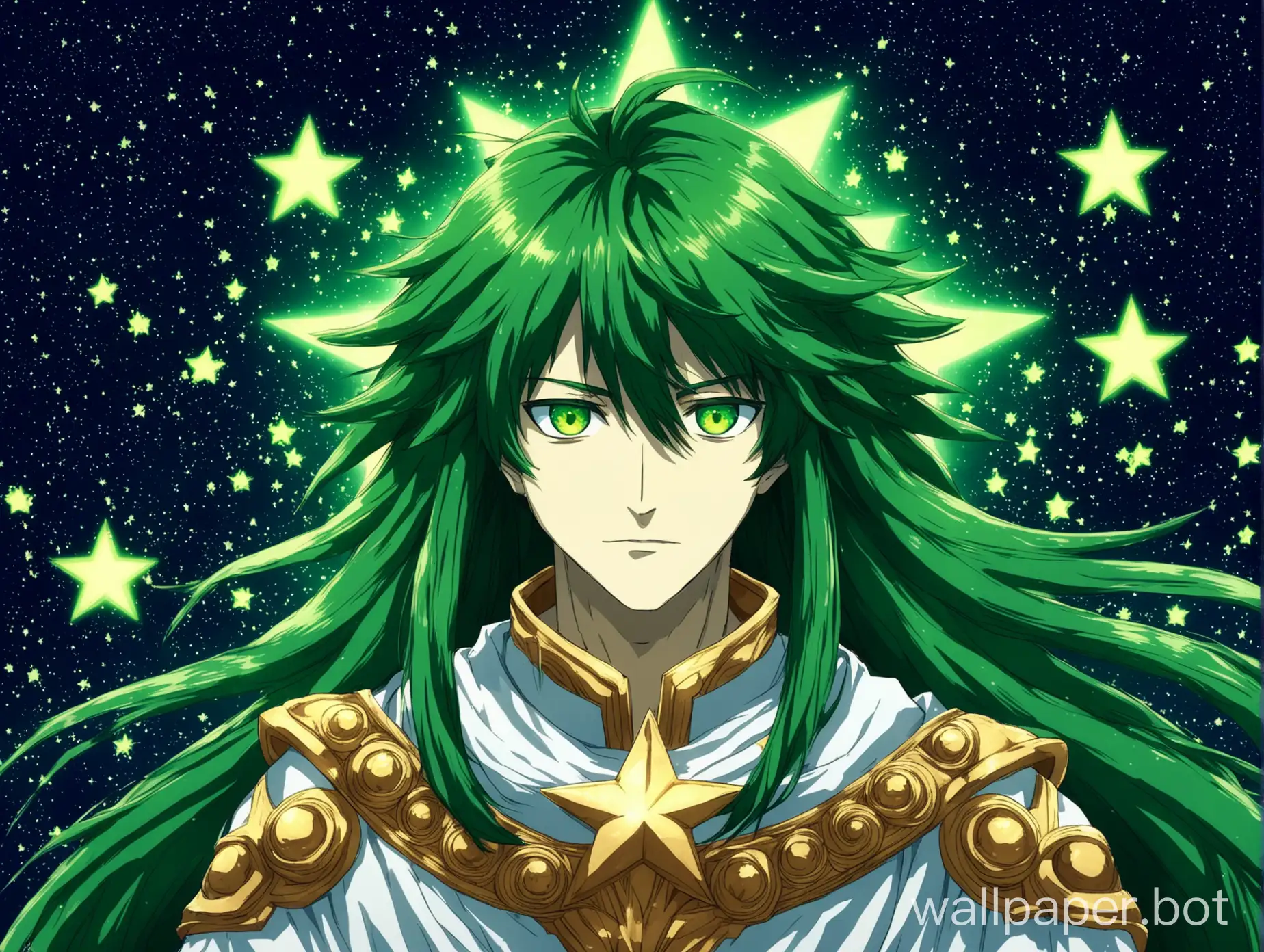 create a wallpaper 1920x1080 of an anime-style god with stars in the background, face should be fine with green eyes and long green hair