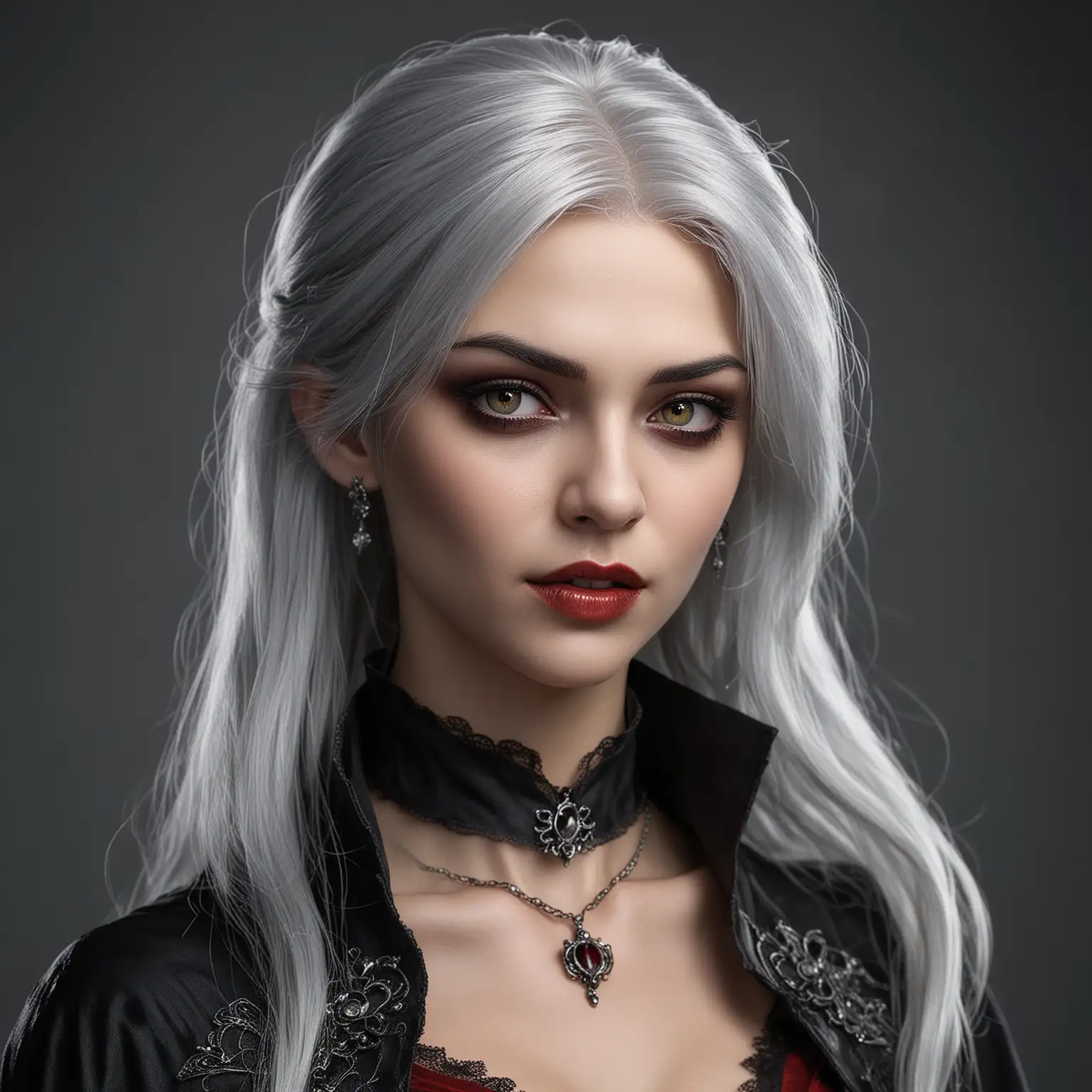 female vampire with silver-gray hair and skin