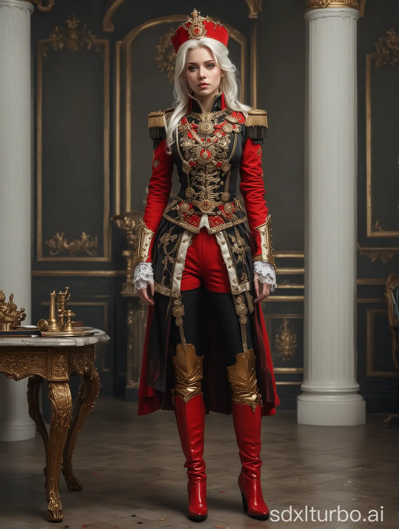 full body portrait of a beautiful fantasy queen, with military red and black coats and pants, red high knee boots, golden medals and ornaments, crimson red crown, tall, dignified, Regal, in office, porcelain white skin, white hair, sci-fi exoskeleton armor, realistic, intricate details, highly detailed 