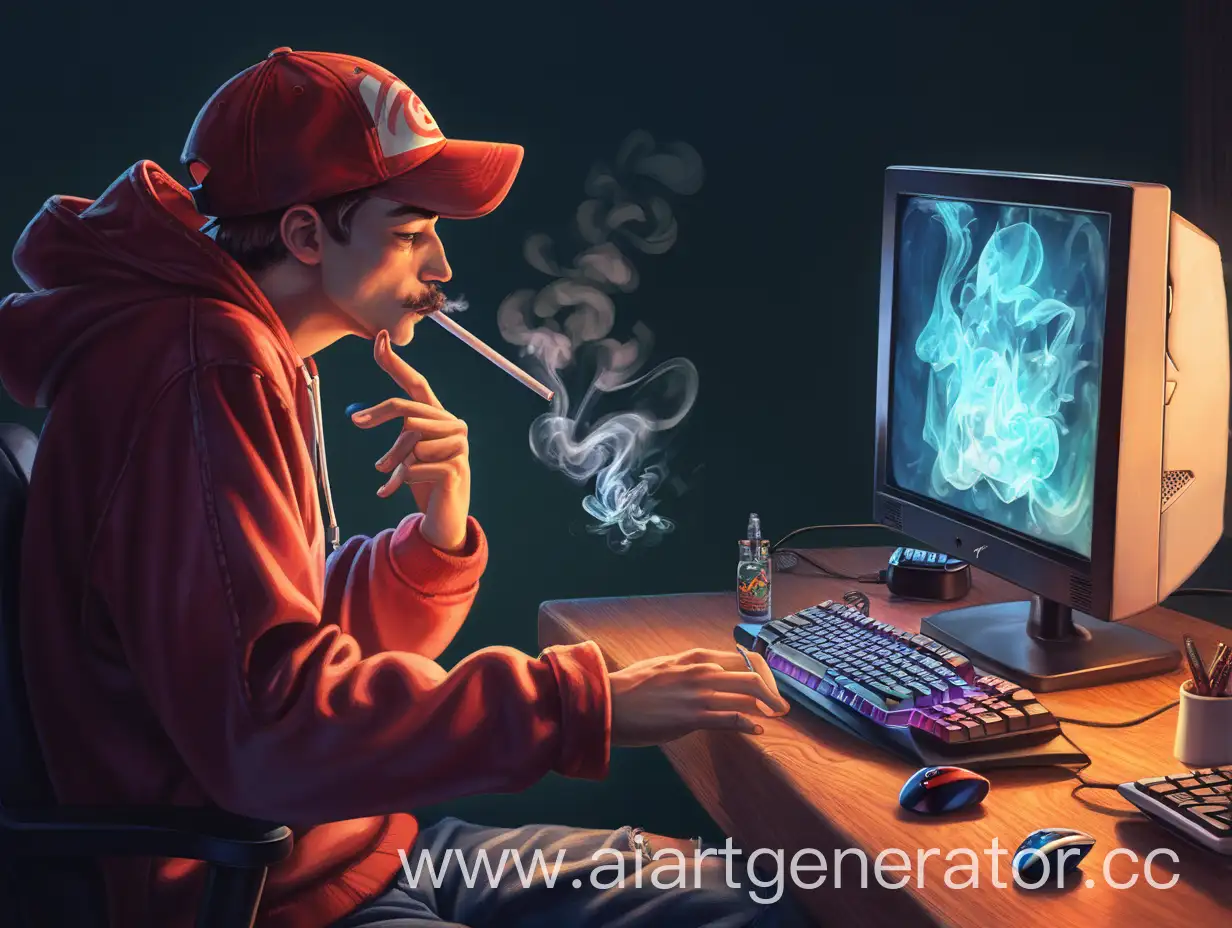 Человек который играет в компьютер и курит