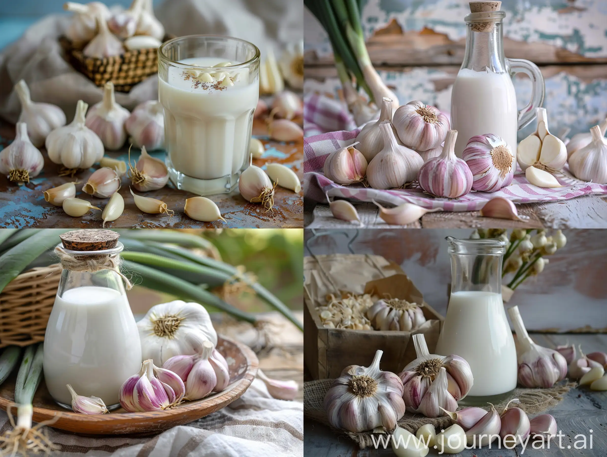 Attractive advertising photo of garlic with milk with an attractive background