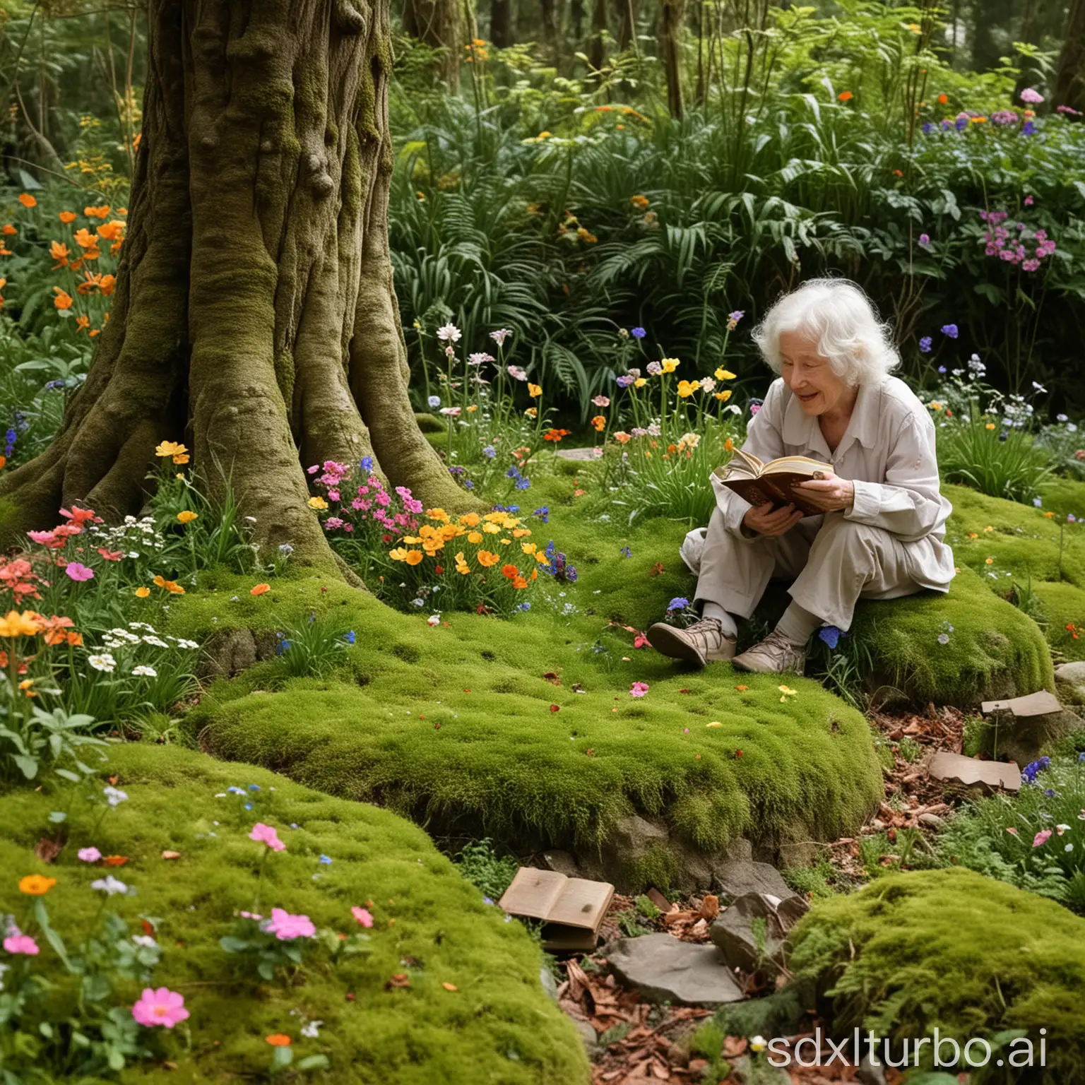 In einer Ecke des Gartens befindet sich eine kleine Lichtung mit weichen Mooskissen und Blumen, die in allen Farben des Regenbogens blühen. Dort sitzt eine ältere Dame mit einem goldenen Buch und erzählt den Kindern spannende Märchen. Die Kinder sitzen um sie herum, einige auf den Mooskissen, andere lehnen sich an die Stämme der Bäume. Ihre Augen leuchten vor Begeisterung, während sie in die magische Welt der Geschichten eintauchen. Ein kleiner Junge fragt aufgeregt: "Und was passierte dann?"