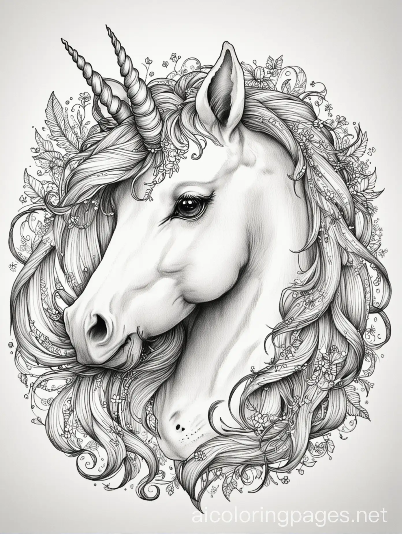a unicorn, Coloring Page, black and white, line art, white background, Simplicity, Ample White Space