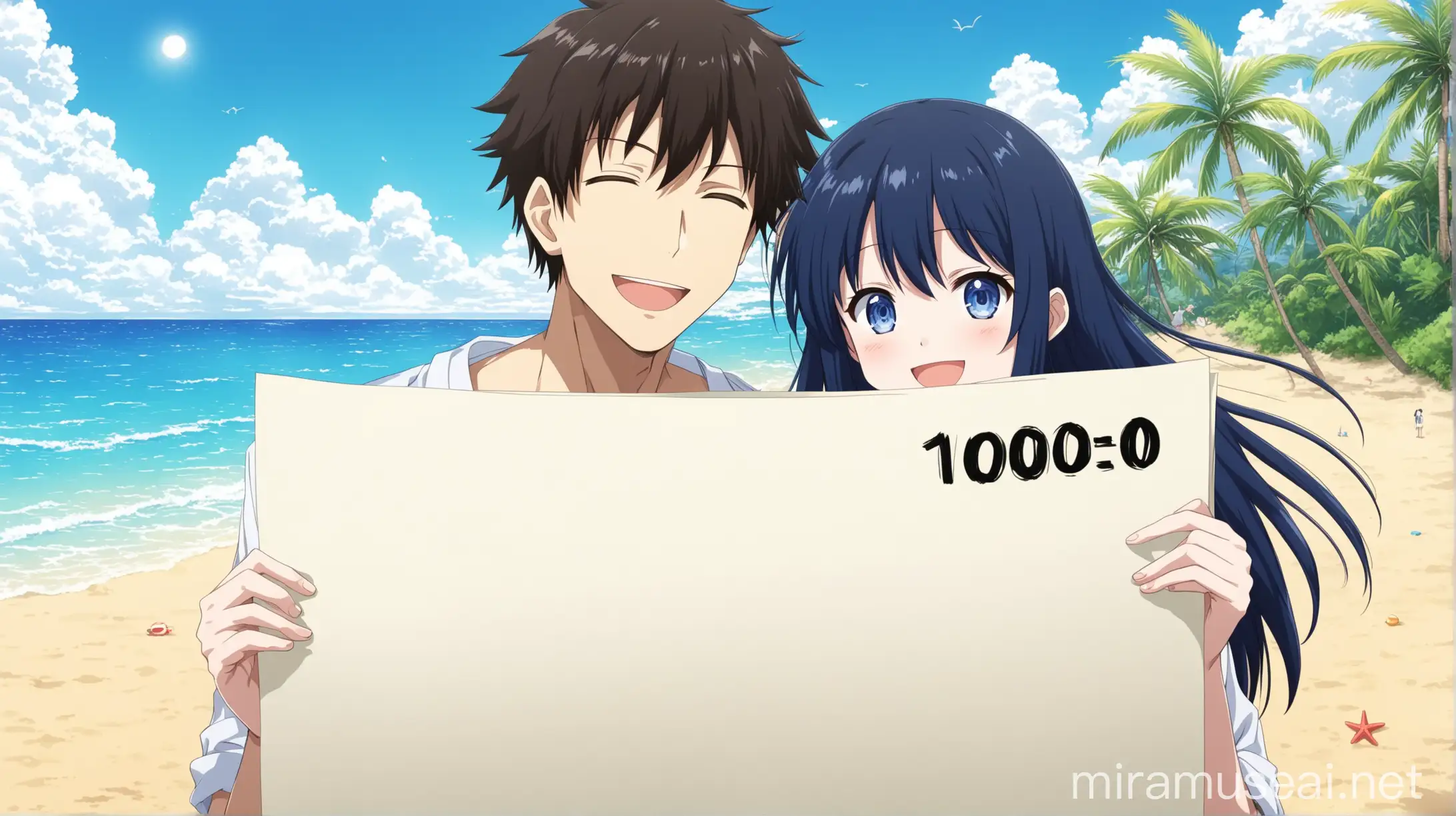 2 anime couple, with number 1000 big on paper holding ,happy
background beach