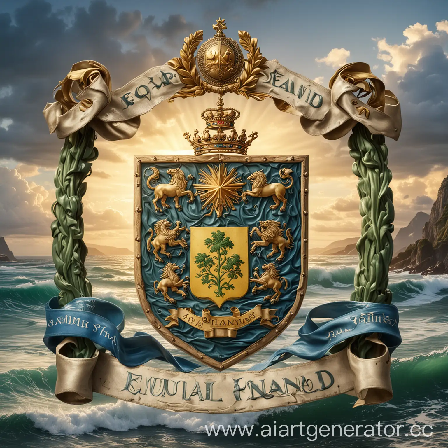 Герб Эквиландии изображает зеленый остров, окруженный голубыми волнами, на заднем плане восходит золотое солнце. Внизу герба находится лента с названием страны на эквилийском языке.